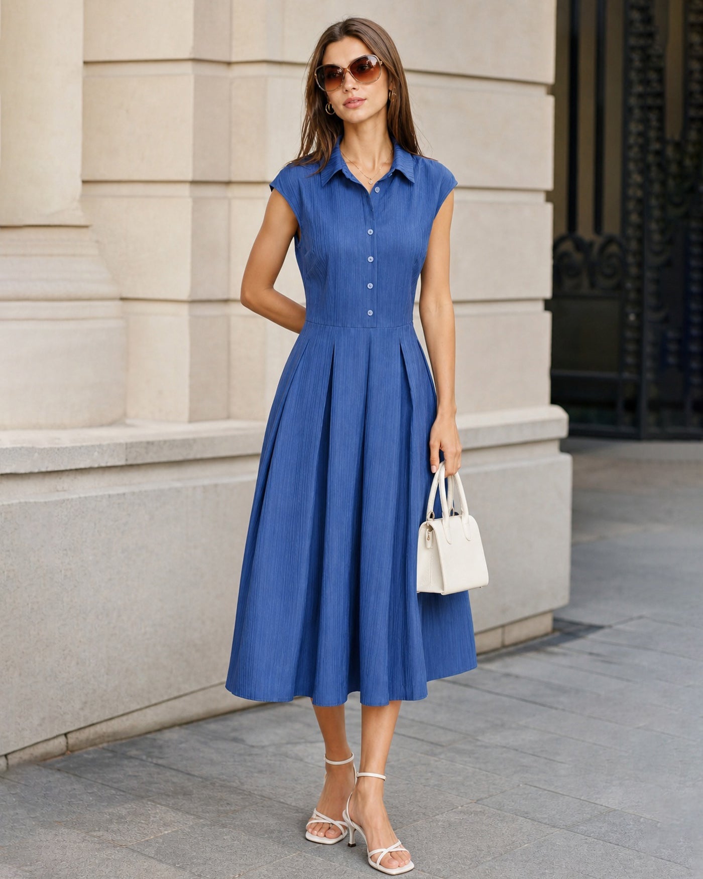 Blue Collar Button Button Midi Dress
