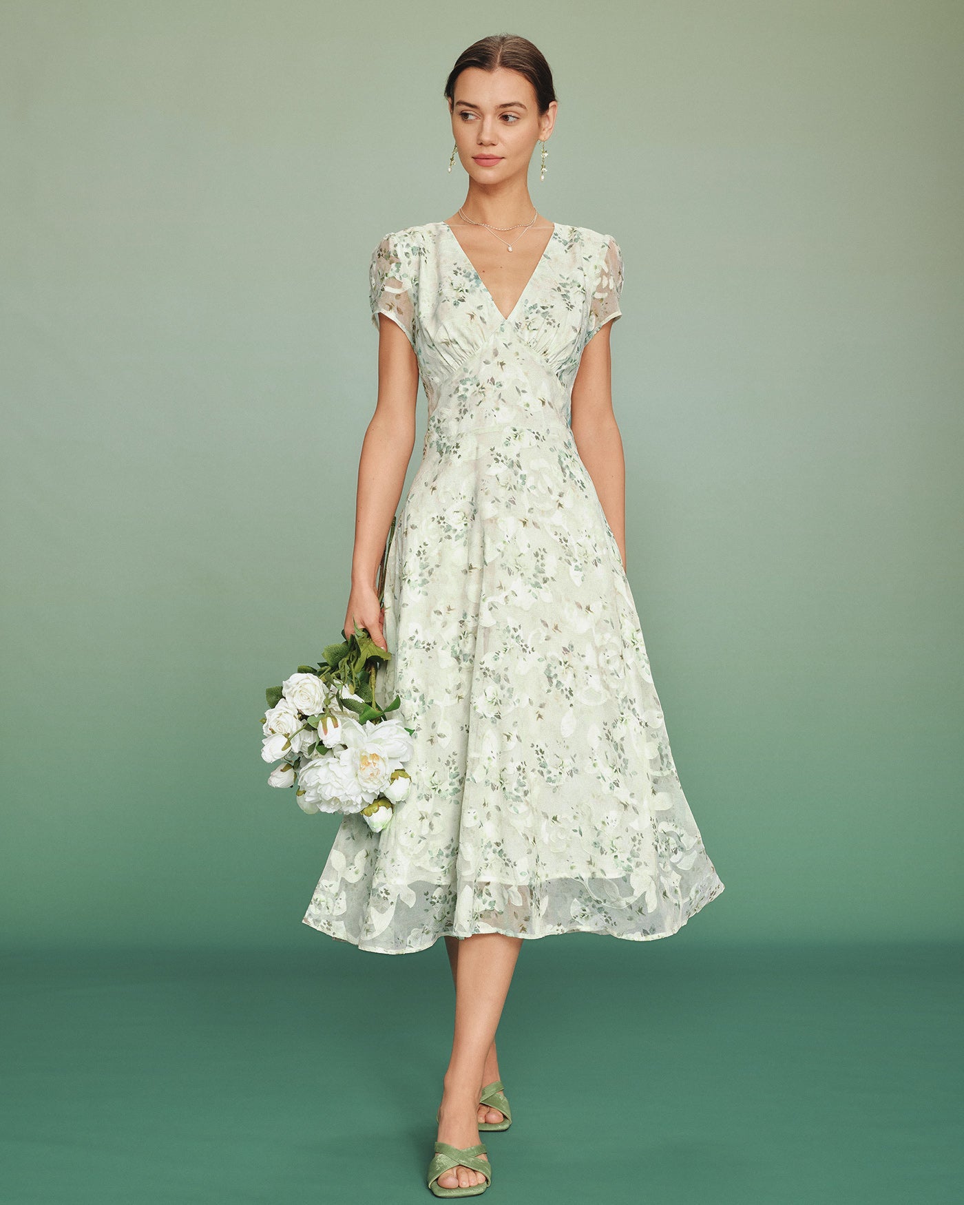 Green Puffed Sleeve Floral Tunic Midi Dress