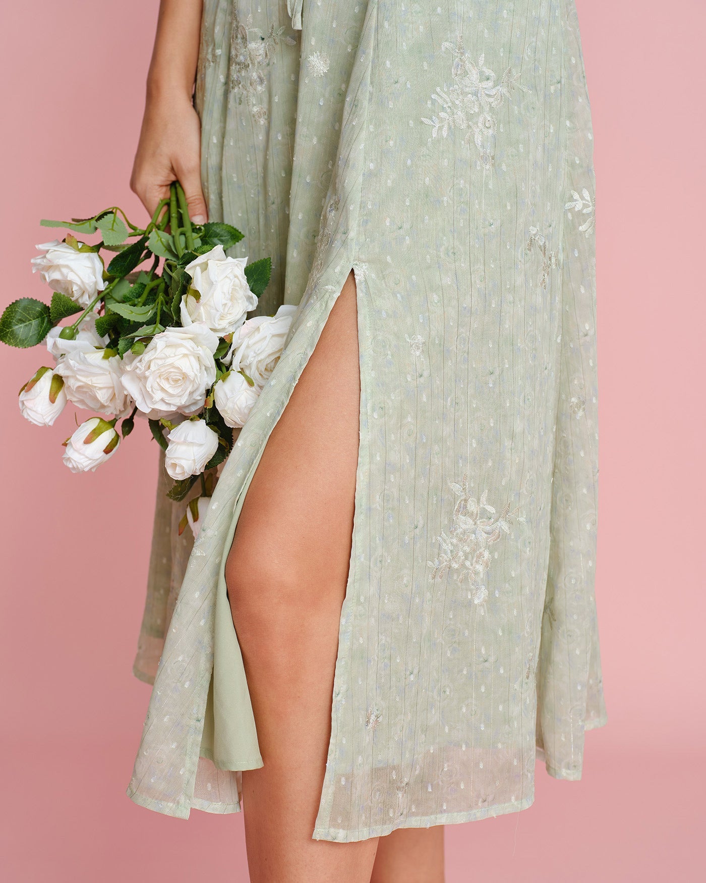 Green Jacquard Slip A-Line Midi Dress