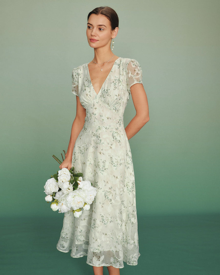 Green Puffed Sleeve Floral Tunic Midi Dress