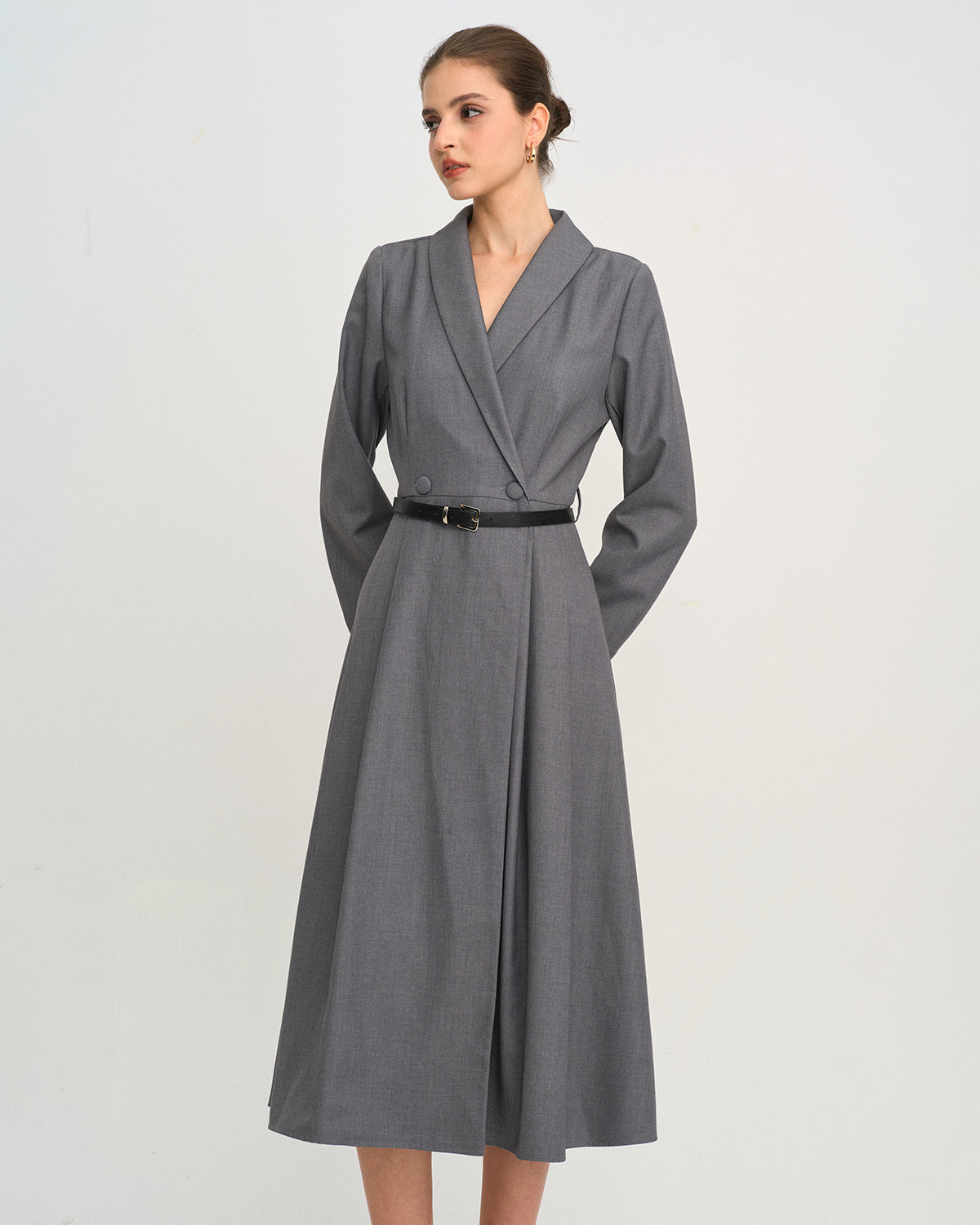 Grey Button A-Line Midi Dress