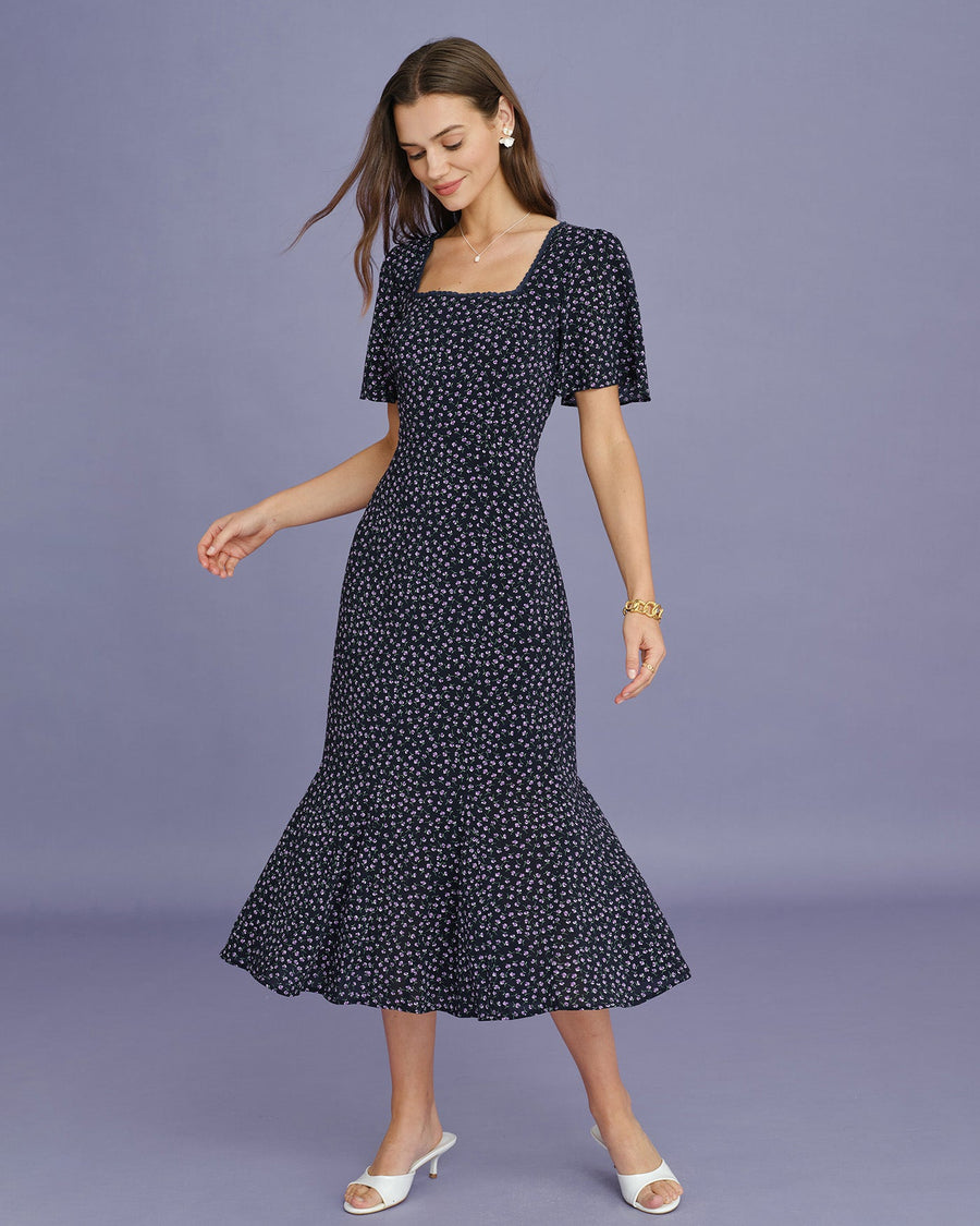 Purple Floral Butterfly Sleeve Midi Dress