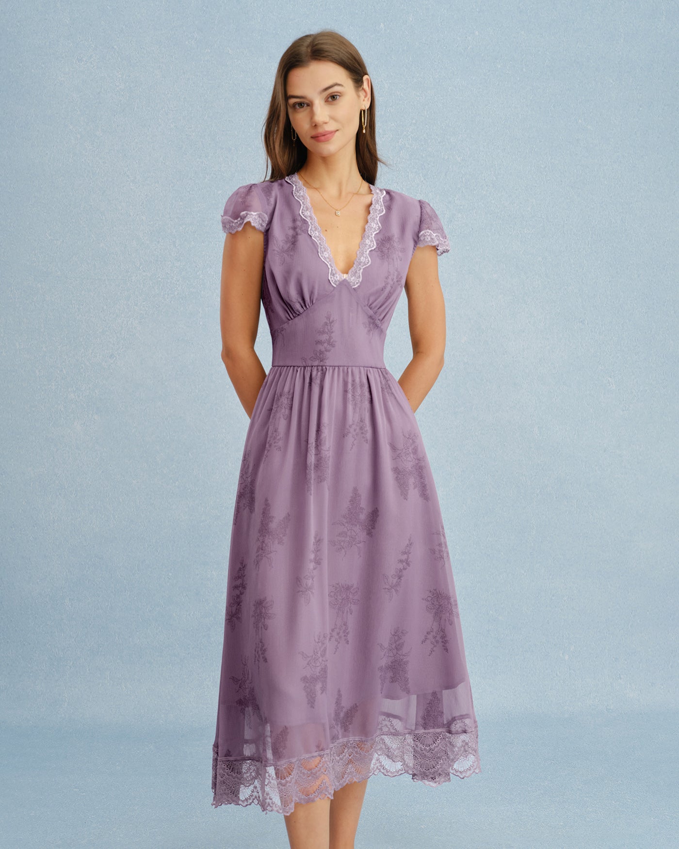 Purple V Neck Lace Splicing Midi Dress
