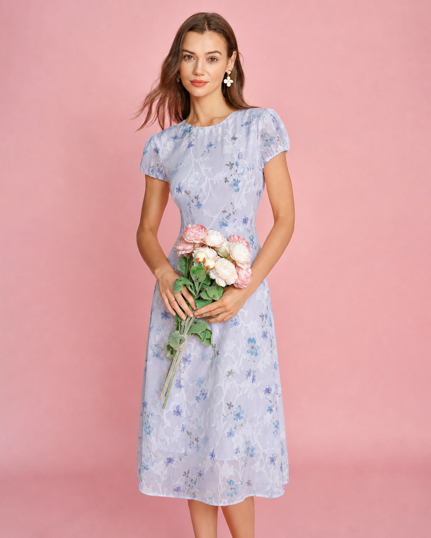Purple Puffed Sleeve Jacquard Midi Dress