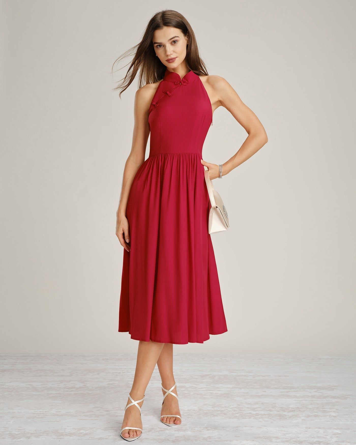 Red Mandarin Collar Pockets Midi Dress