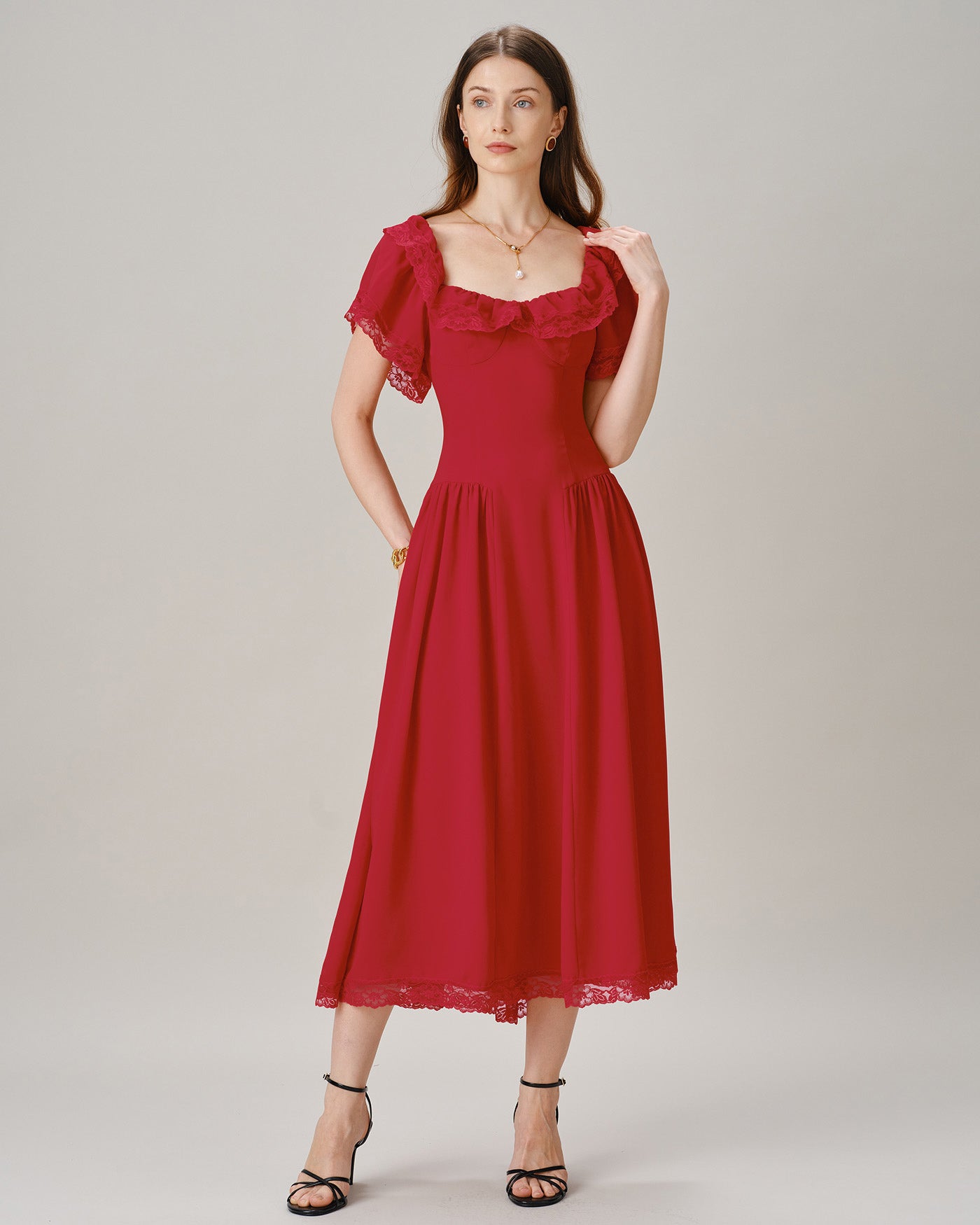 Red Sweetheart Neck Tie Lace Midi Dress