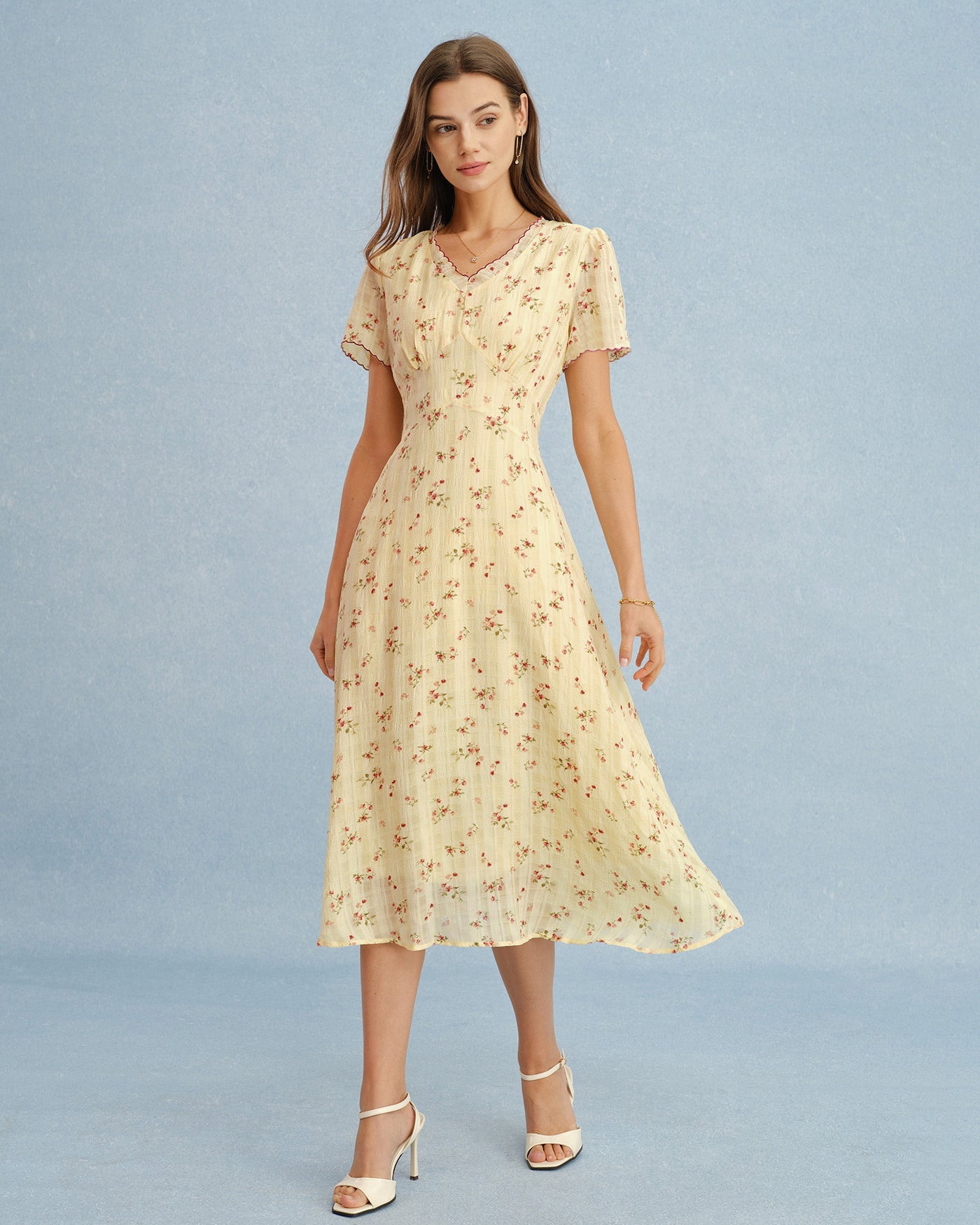 Yellow V Neck Floral Tunic Midi Dress