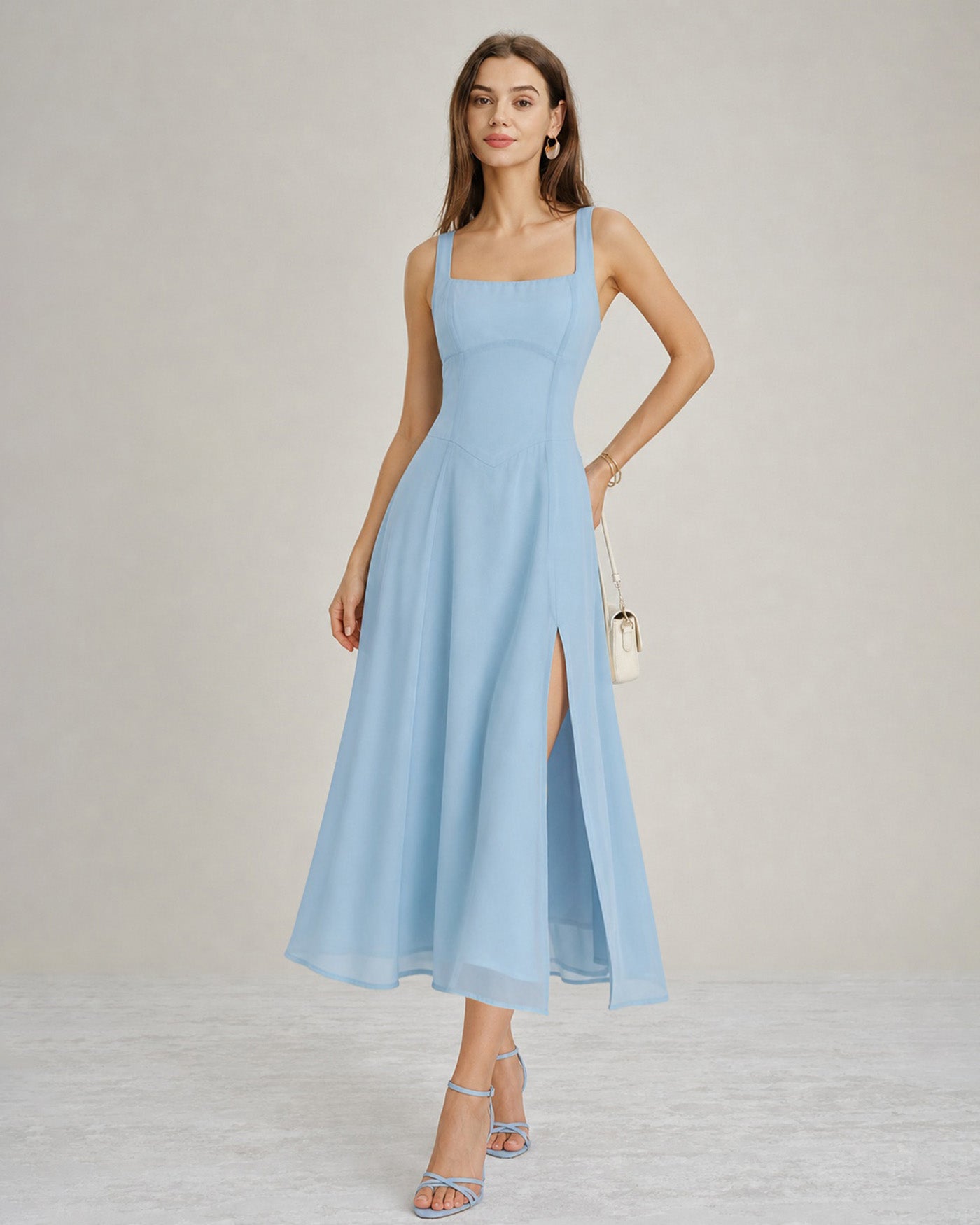 Blue Square Neck Slit Chiffon Midi Dress