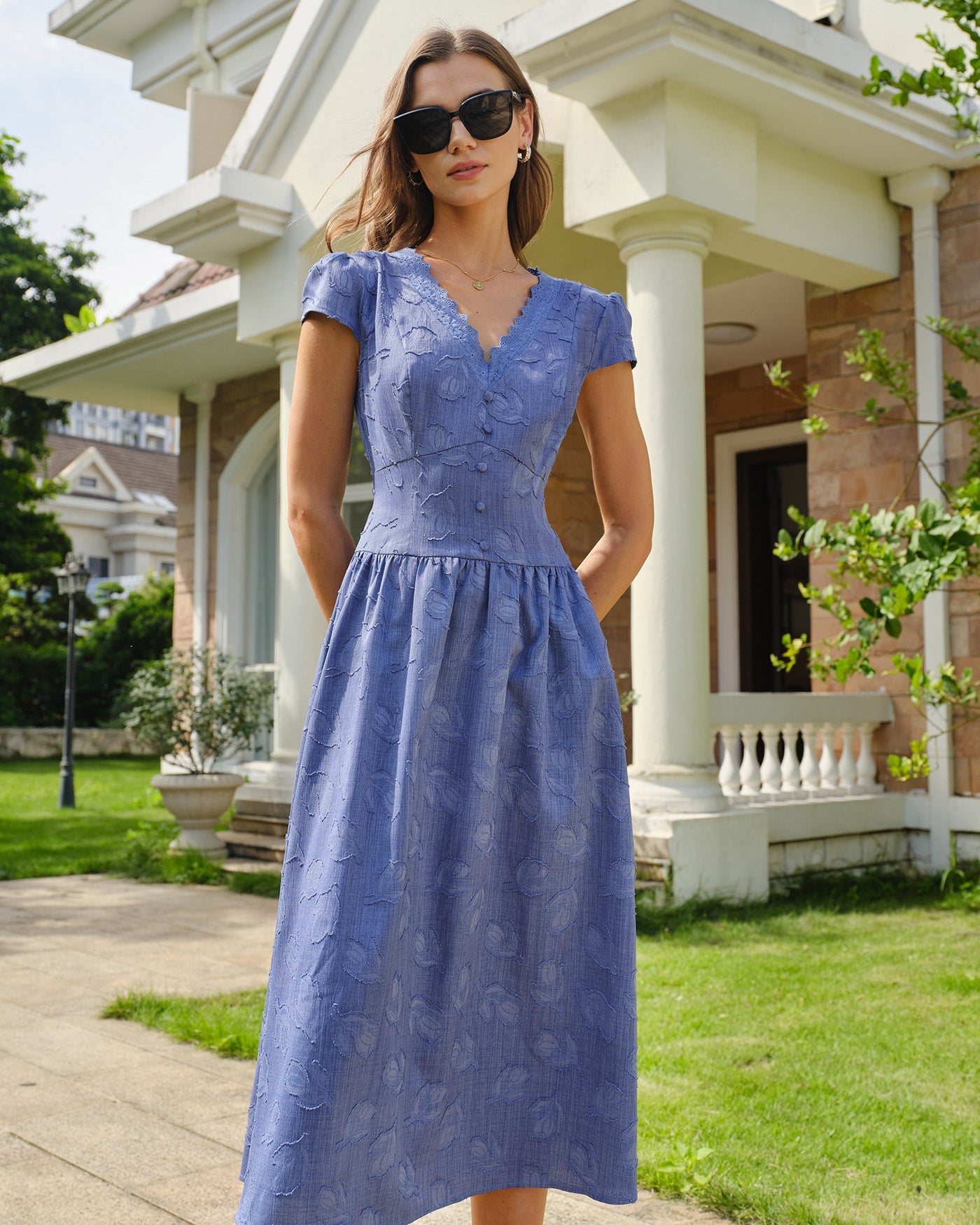 Blue V Neck Tie Jacquard Midi Dress