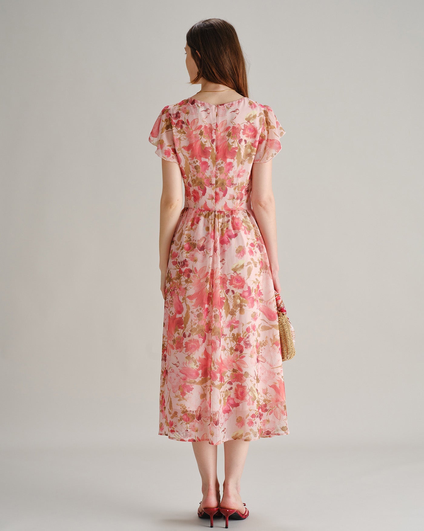 Pink V Neck Floral Chiffon Midi Dress