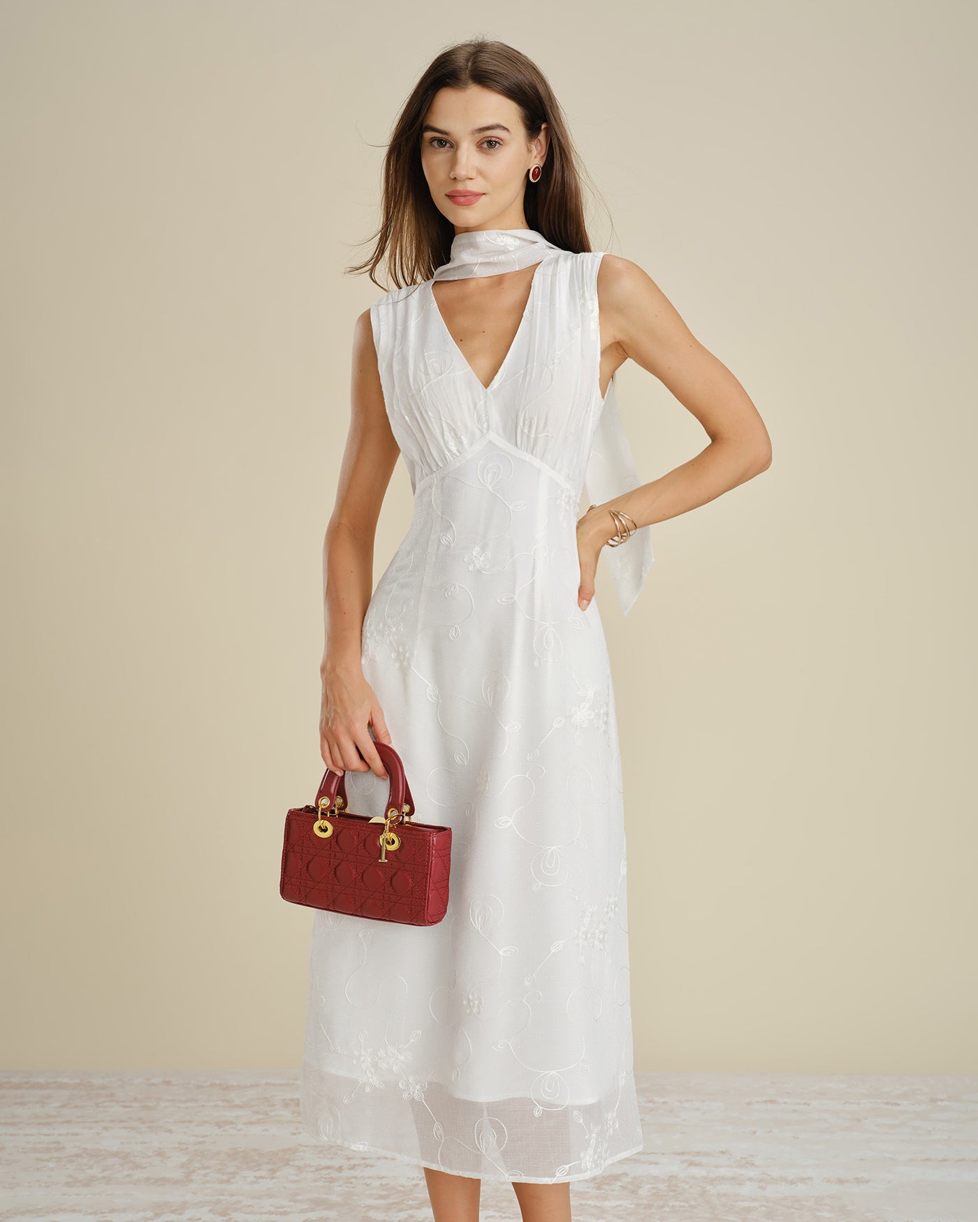 White V Neck Floral Embroidery Midi Dress