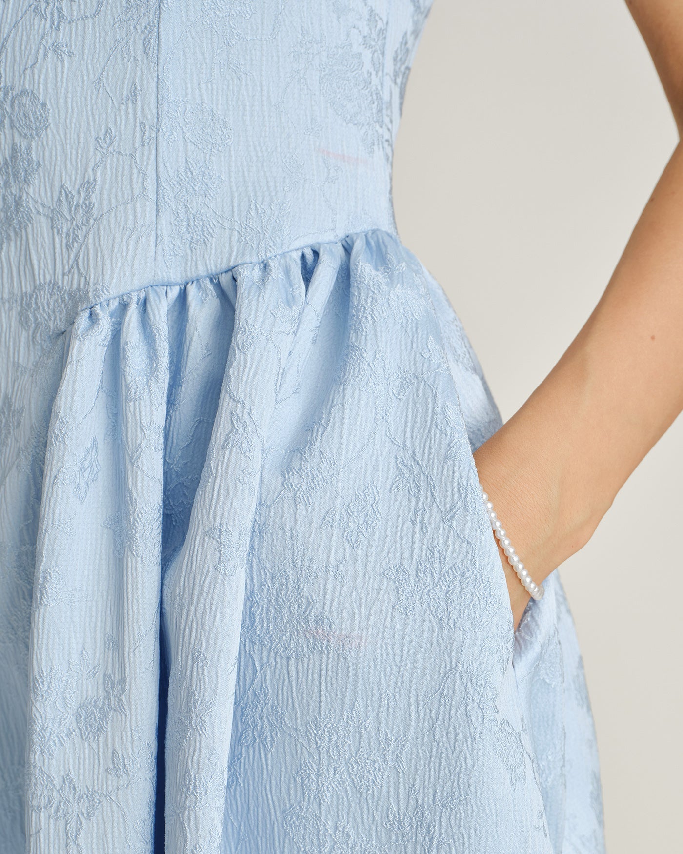 Blue Jacquard Pockets Slip Midi Dress