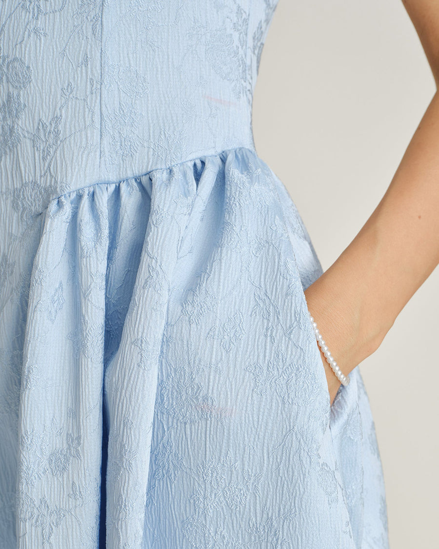 Blue Jacquard Pockets Slip Midi Dress