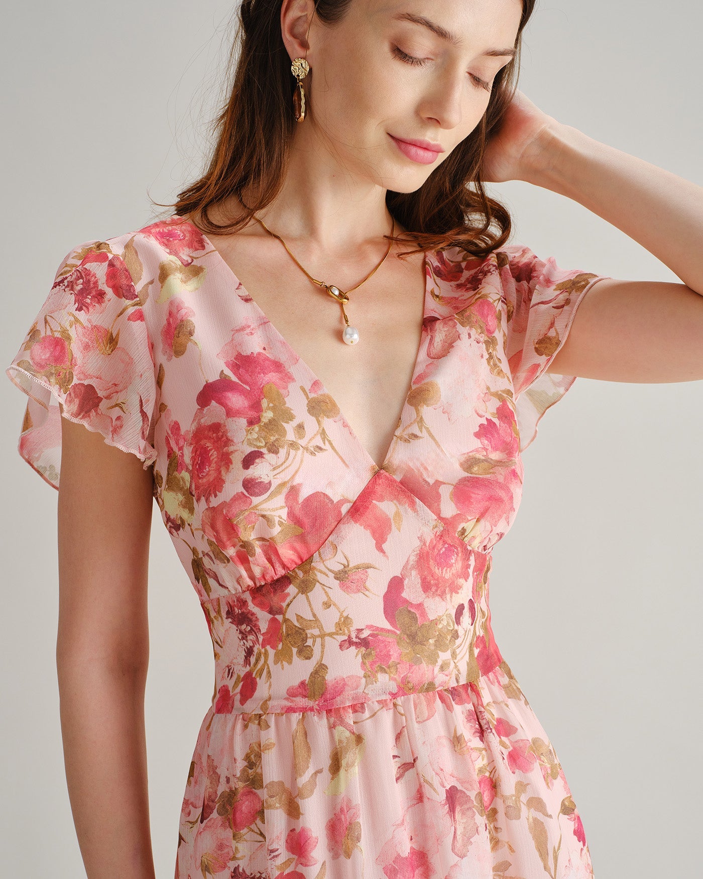 Pink V Neck Floral Chiffon Midi Dress