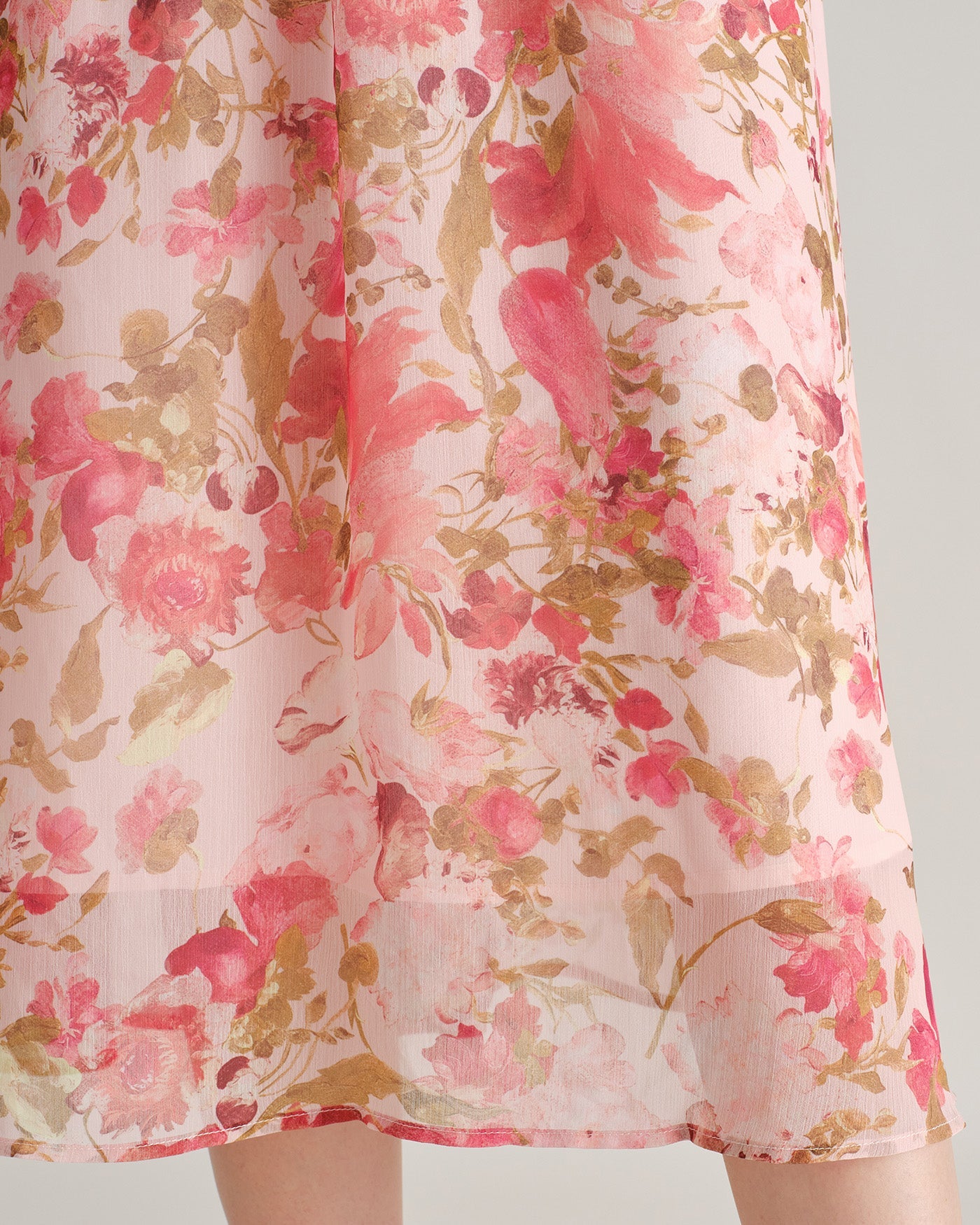 Pink V Neck Floral Chiffon Midi Dress