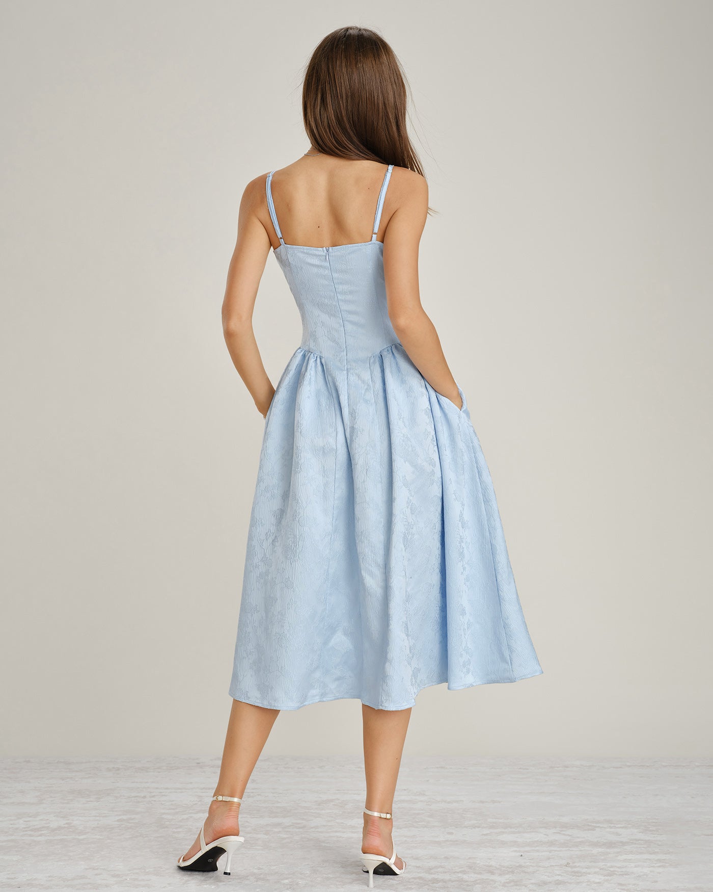 Blue Jacquard Pockets Slip Midi Dress