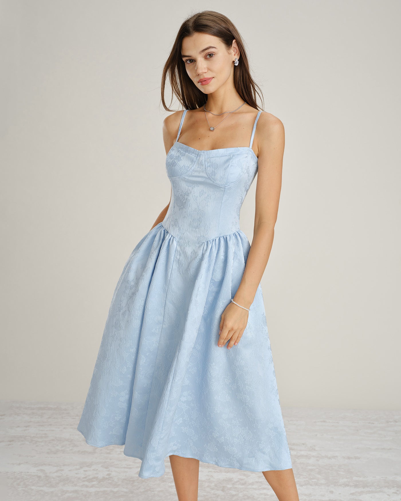 Blue Jacquard Pockets Slip Midi Dress
