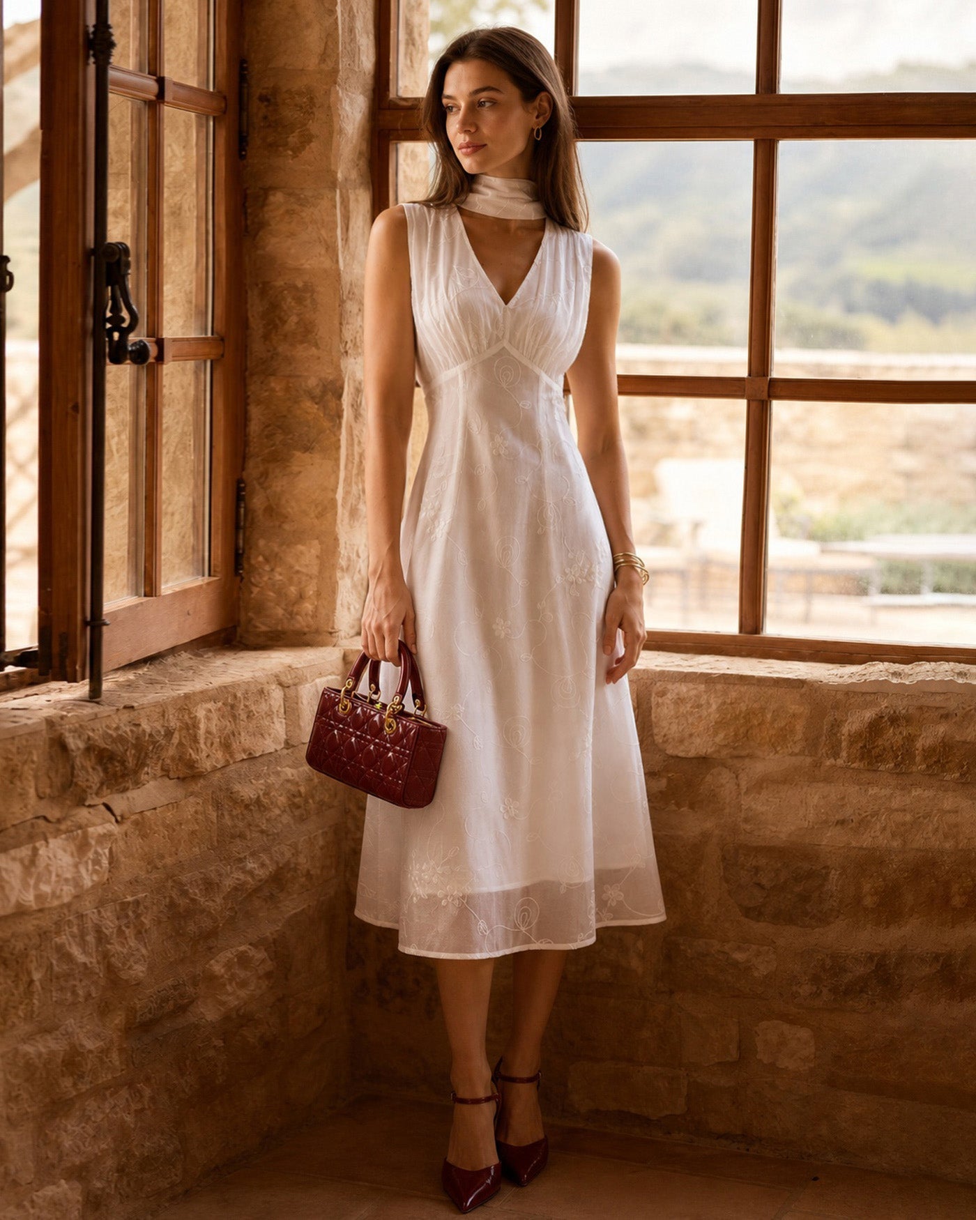 White V Neck Floral Embroidery Midi Dress