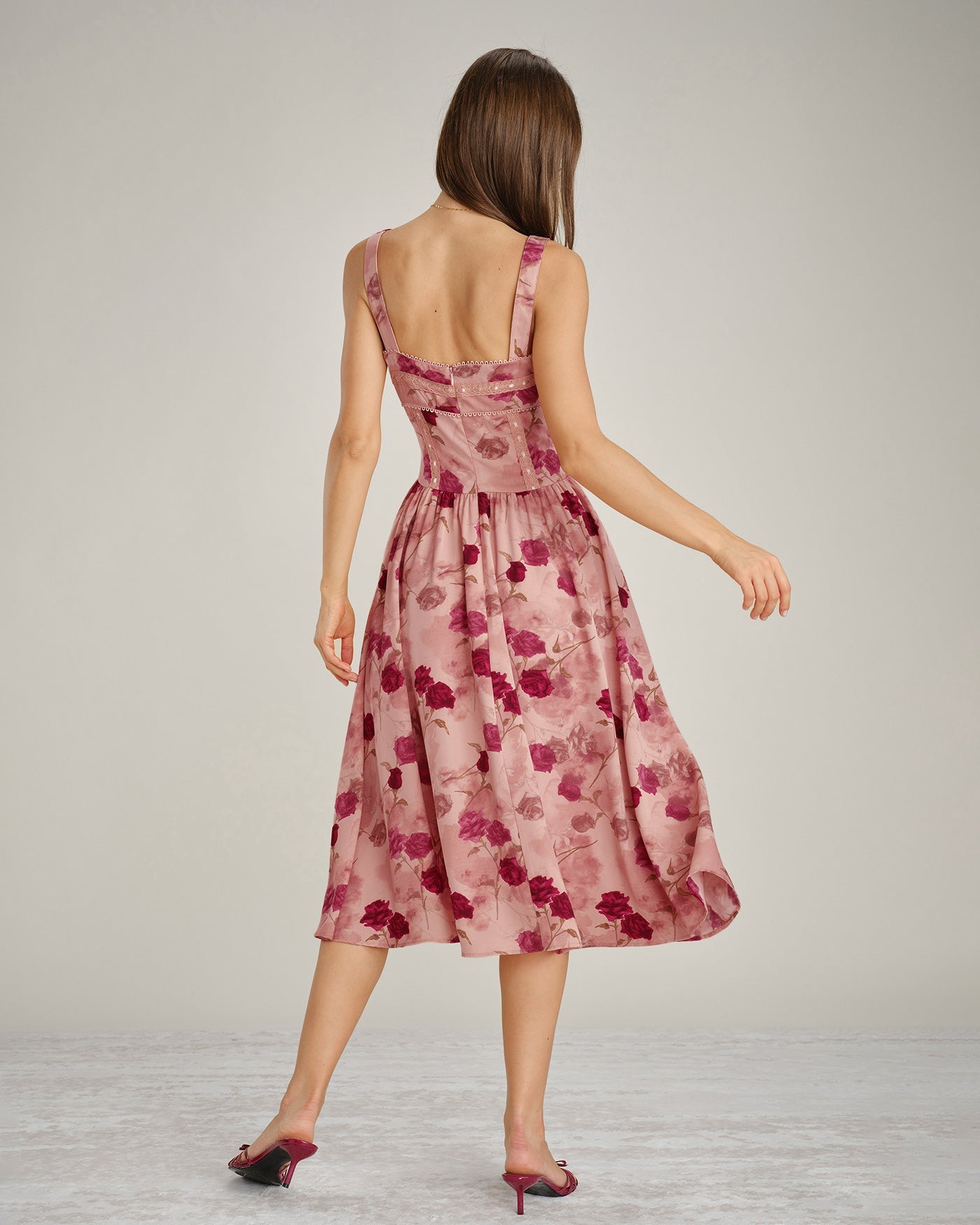 Pink Square Neck Lace Floral Midi Dress