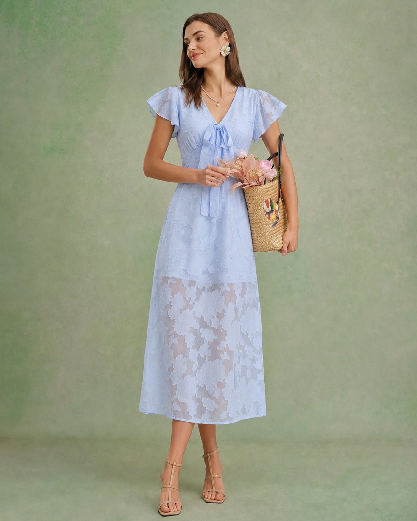 Blue V Neck Jacquard Ruffle Midi Dress