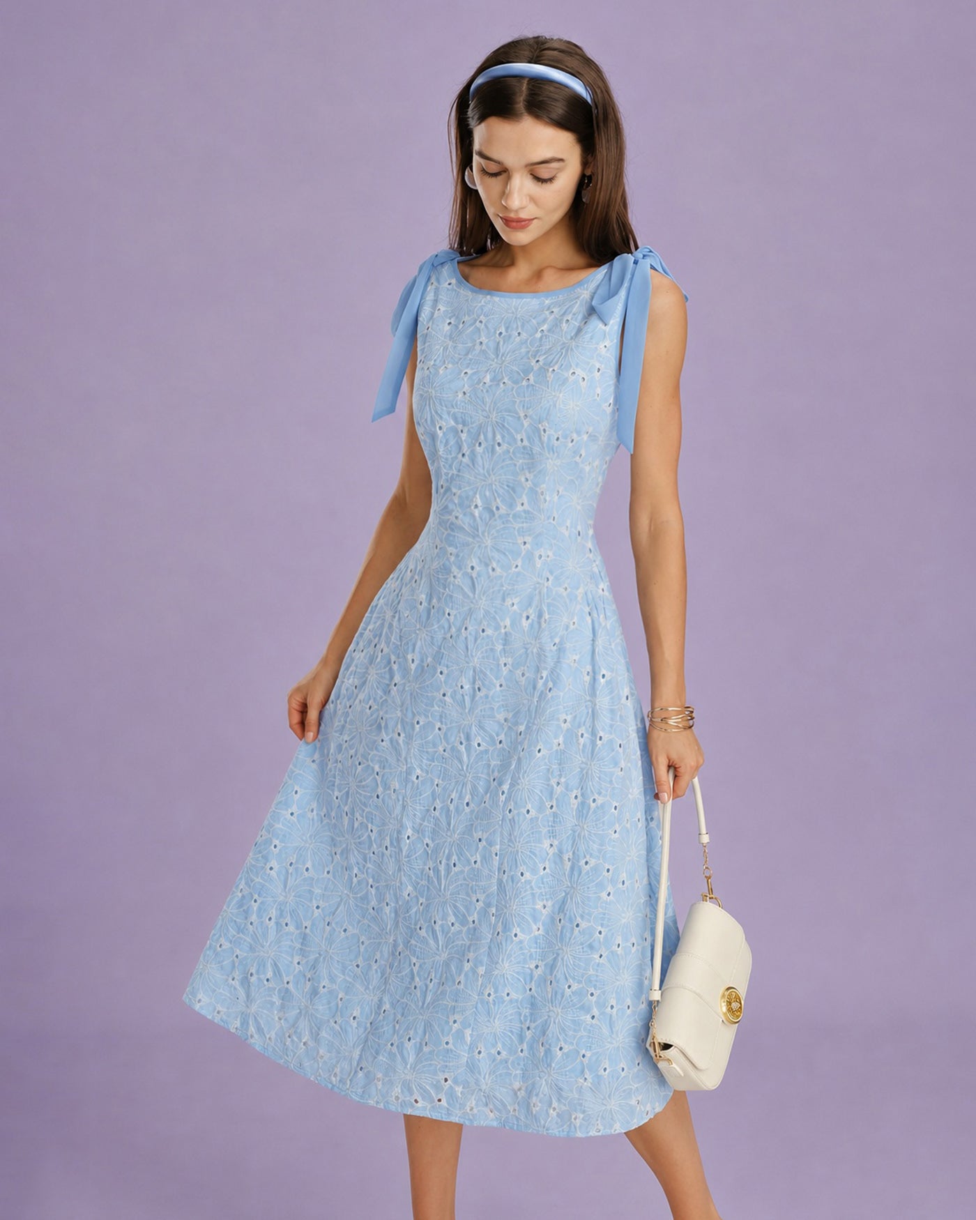 Blue Boat Neck Embroidery Midi Dress