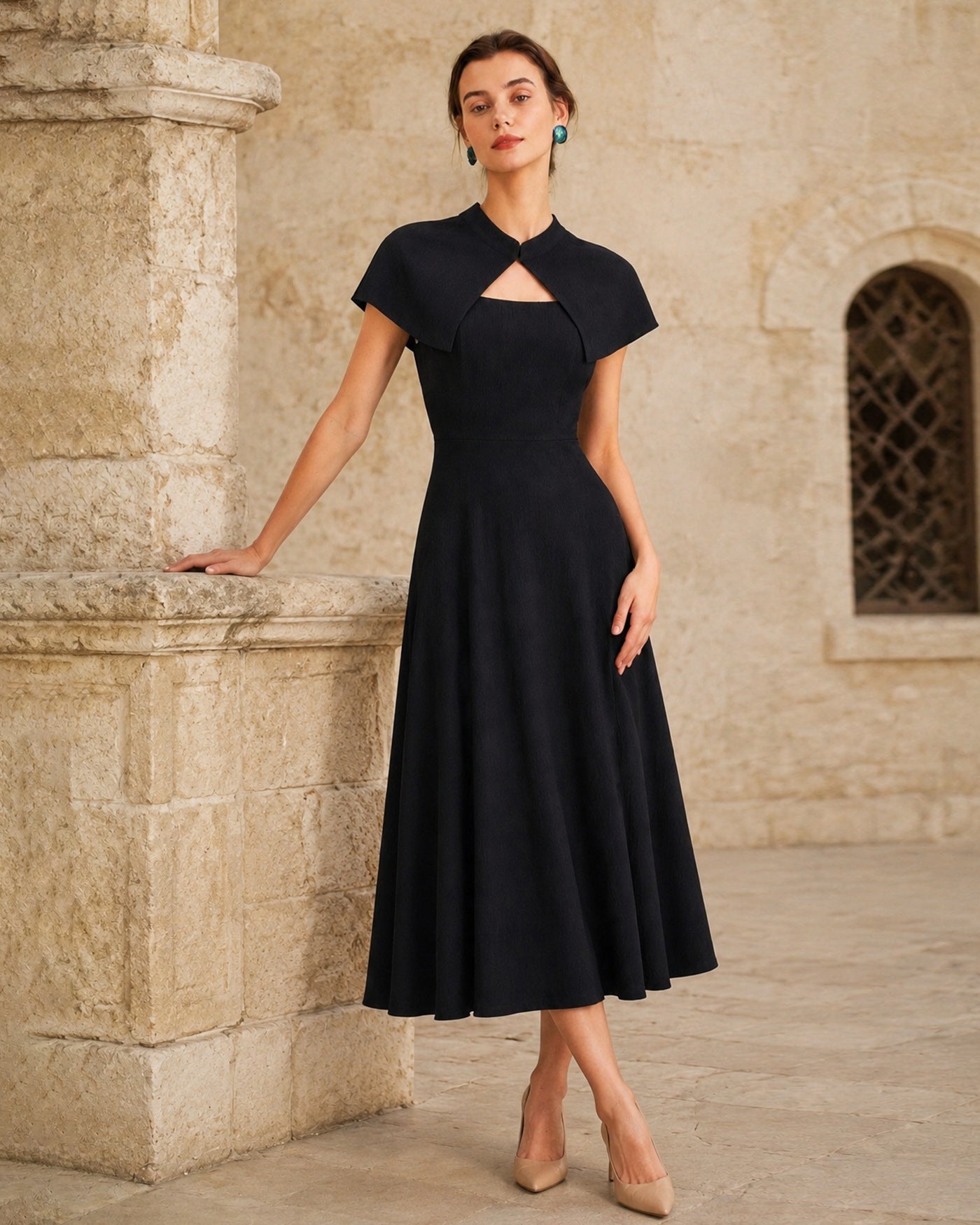 Black Square Neck Sleeveless Button Midi Dress
