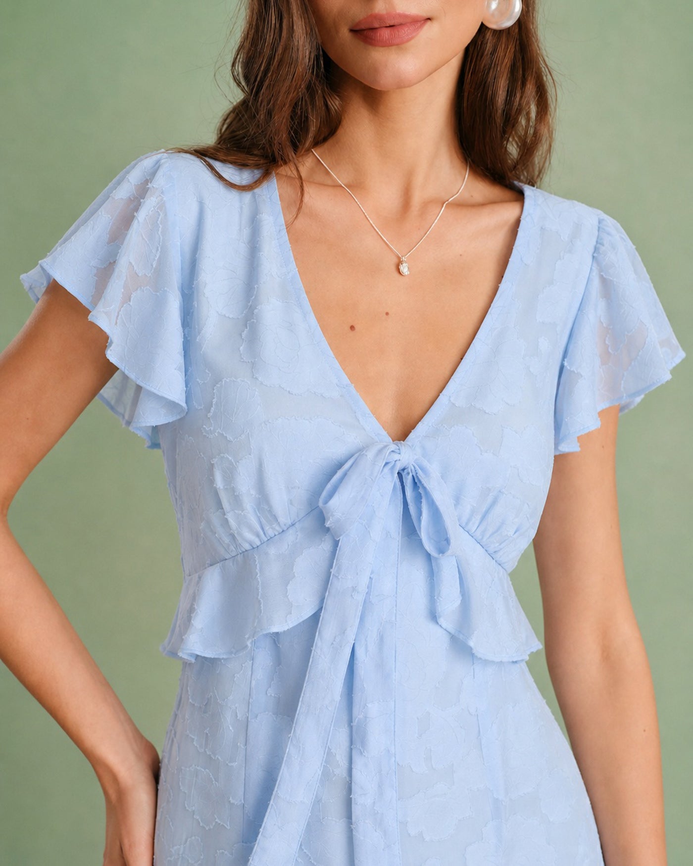 Blue V Neck Jacquard Ruffle Midi Dress