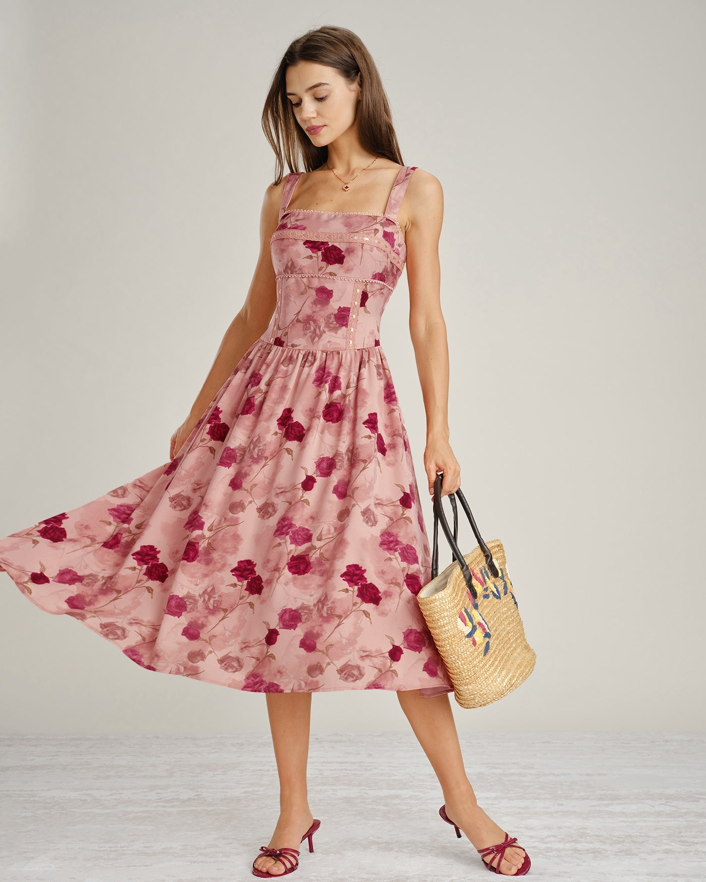 Pink Square Neck Lace Floral Midi Dress