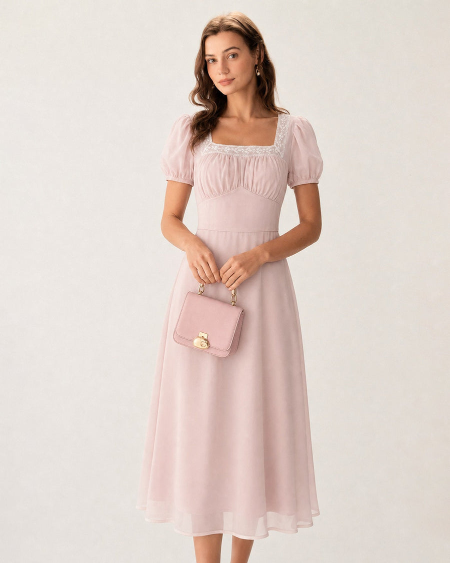 Pink Square Neck Lace Chiffon Midi Dress
