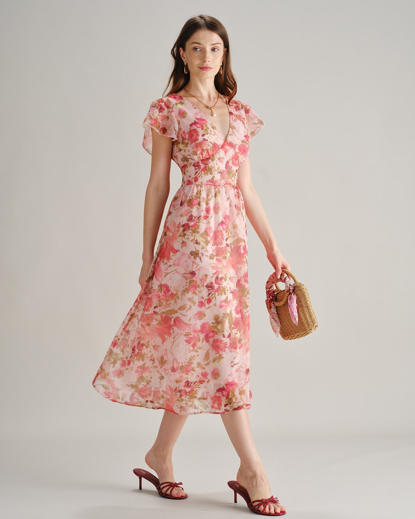 Pink V Neck Floral Chiffon Midi Dress