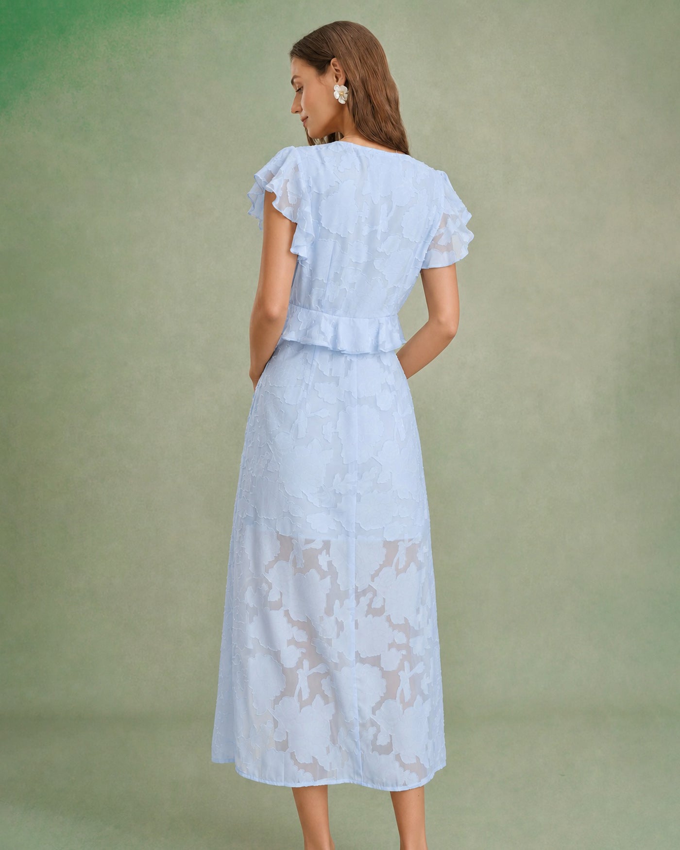 Blue V Neck Jacquard Ruffle Midi Dress
