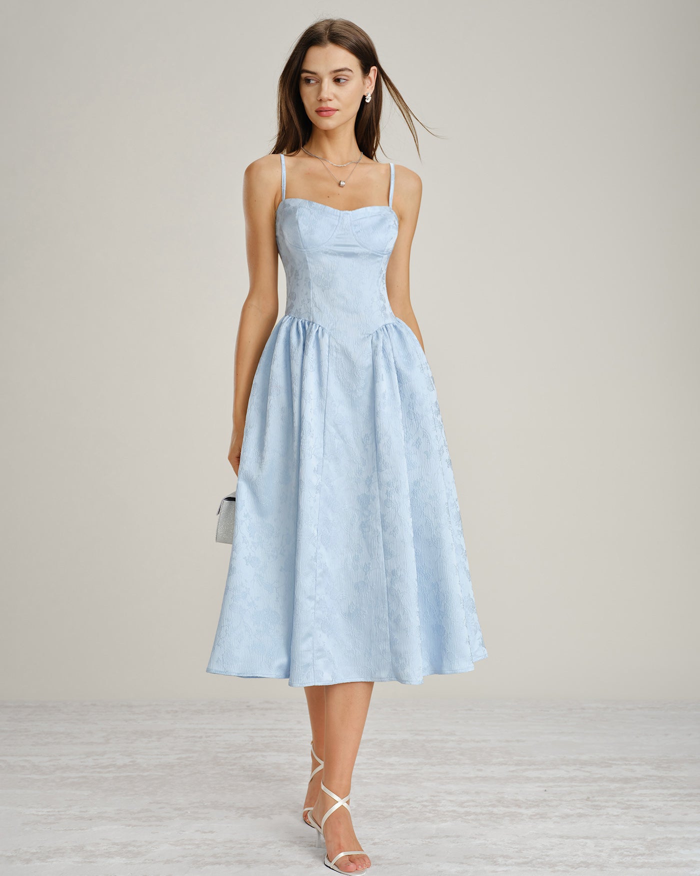 Blue Jacquard Pockets Slip Midi Dress