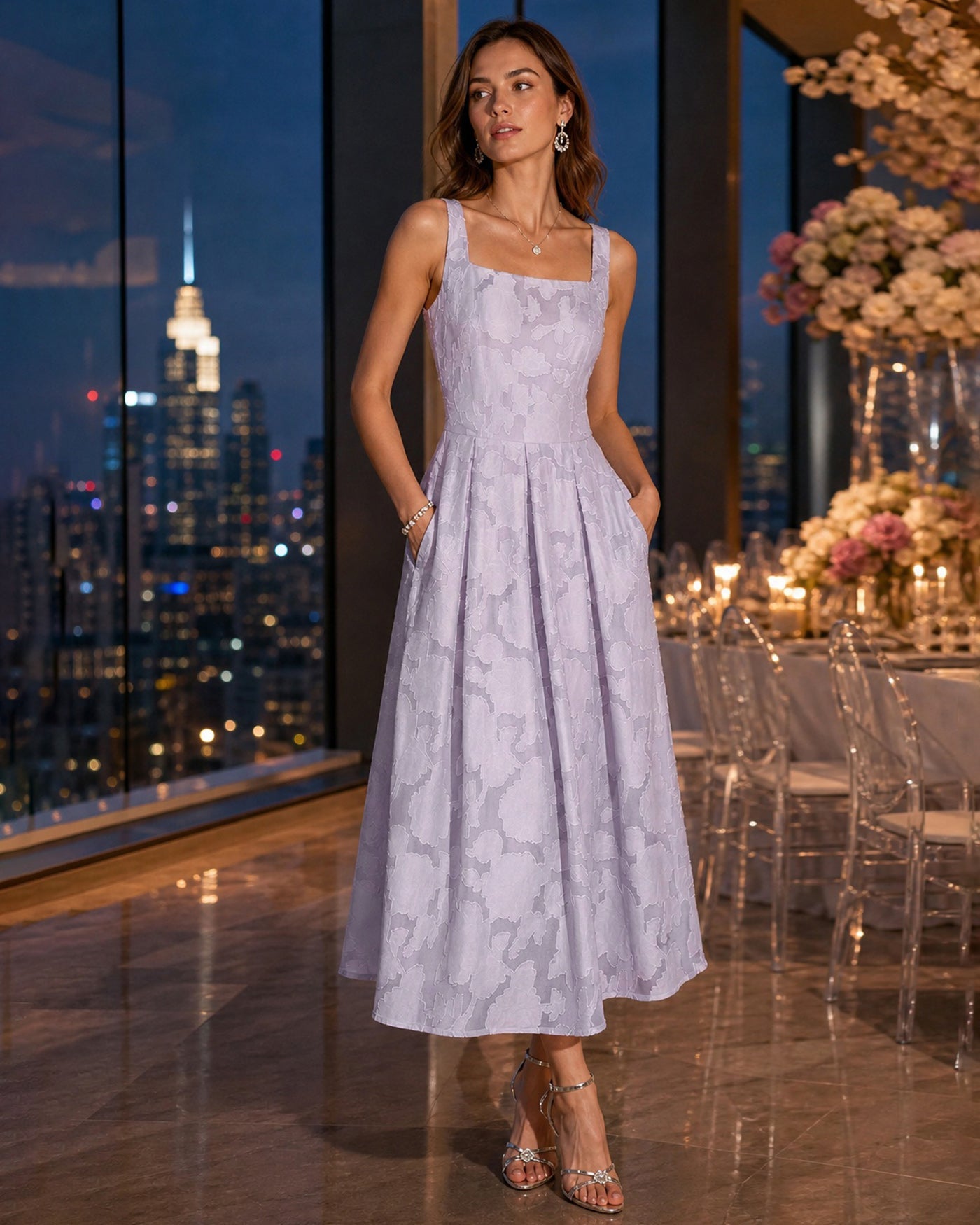 Purple Square Neck Tie Jacquard Midi Dress