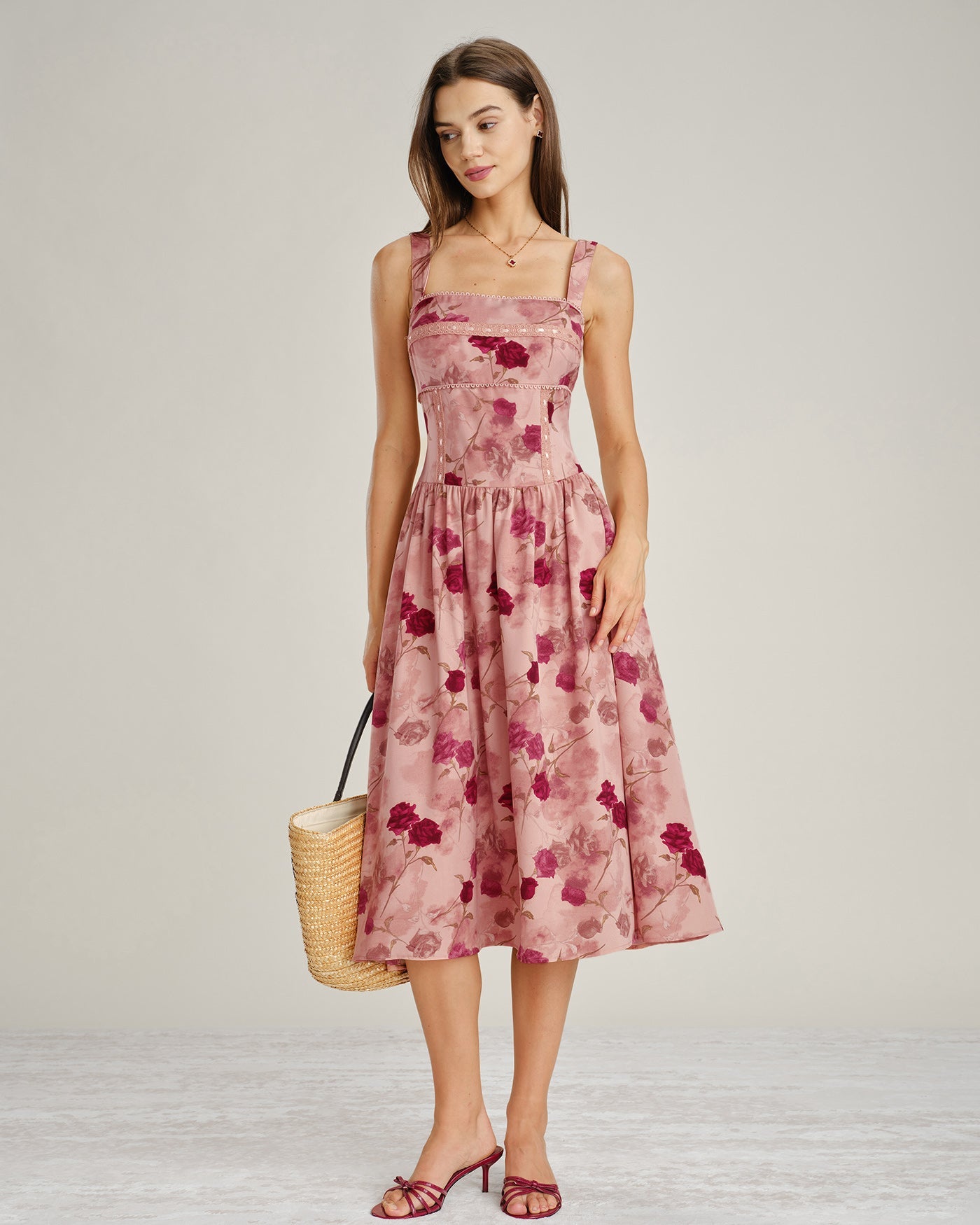 Pink Square Neck Lace Floral Midi Dress