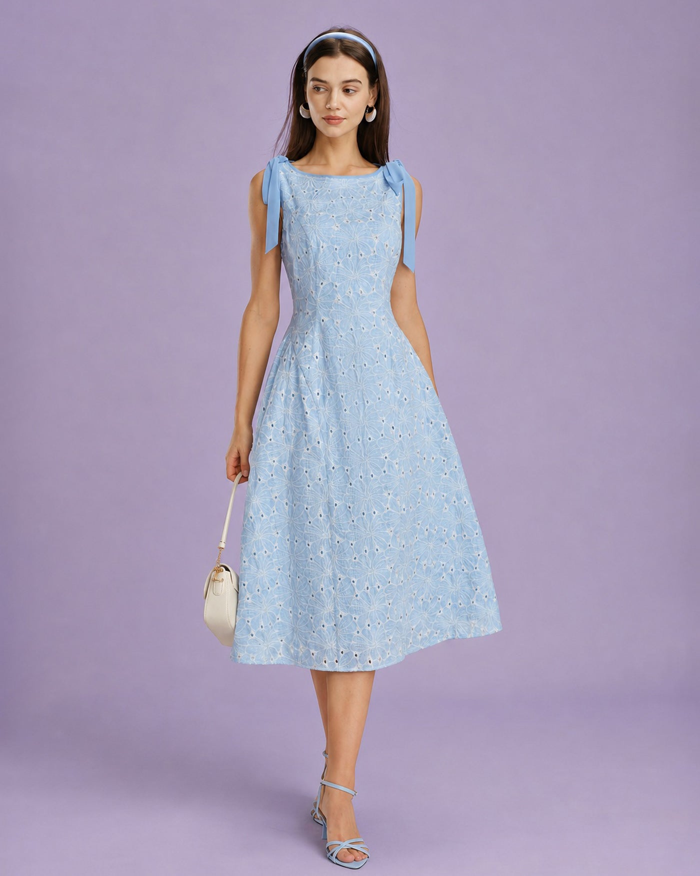 Blue Boat Neck Embroidery Midi Dress