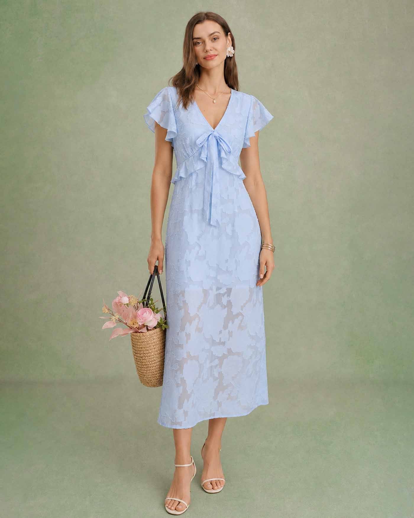 Blue V Neck Jacquard Ruffle Midi Dress