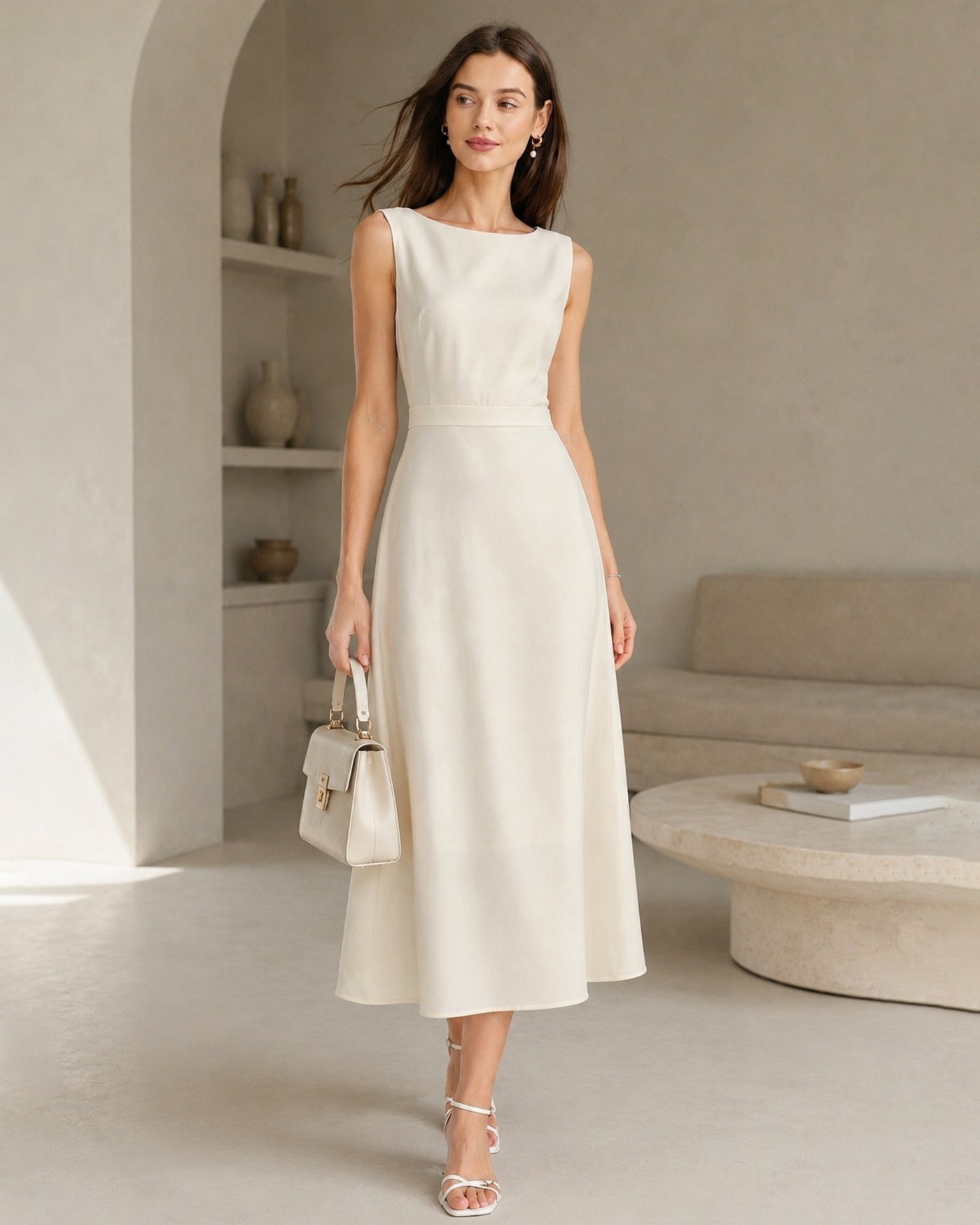 Apricot Boat Neck Pearl Satin Midi Dress