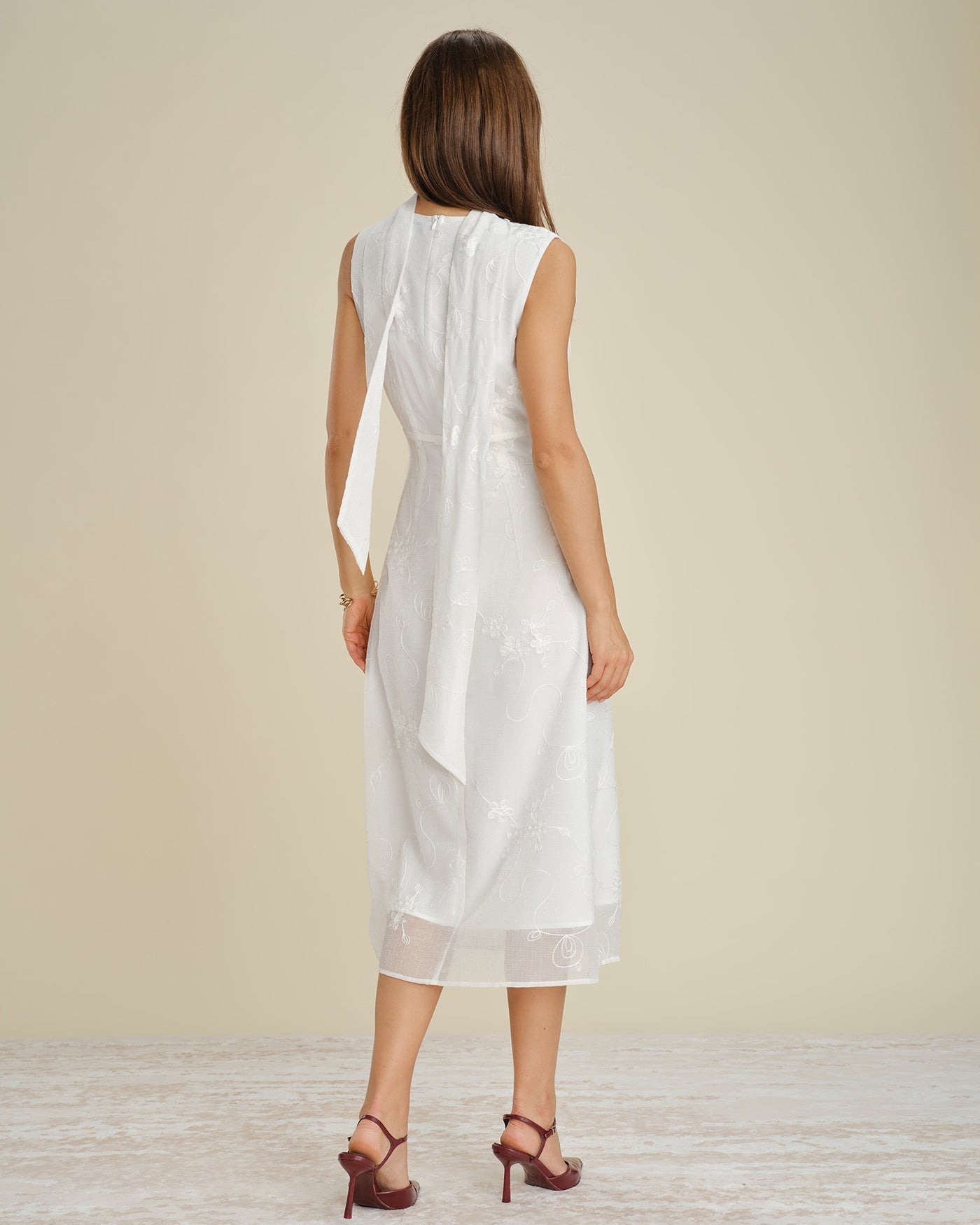 White V Neck Floral Embroidery Midi Dress