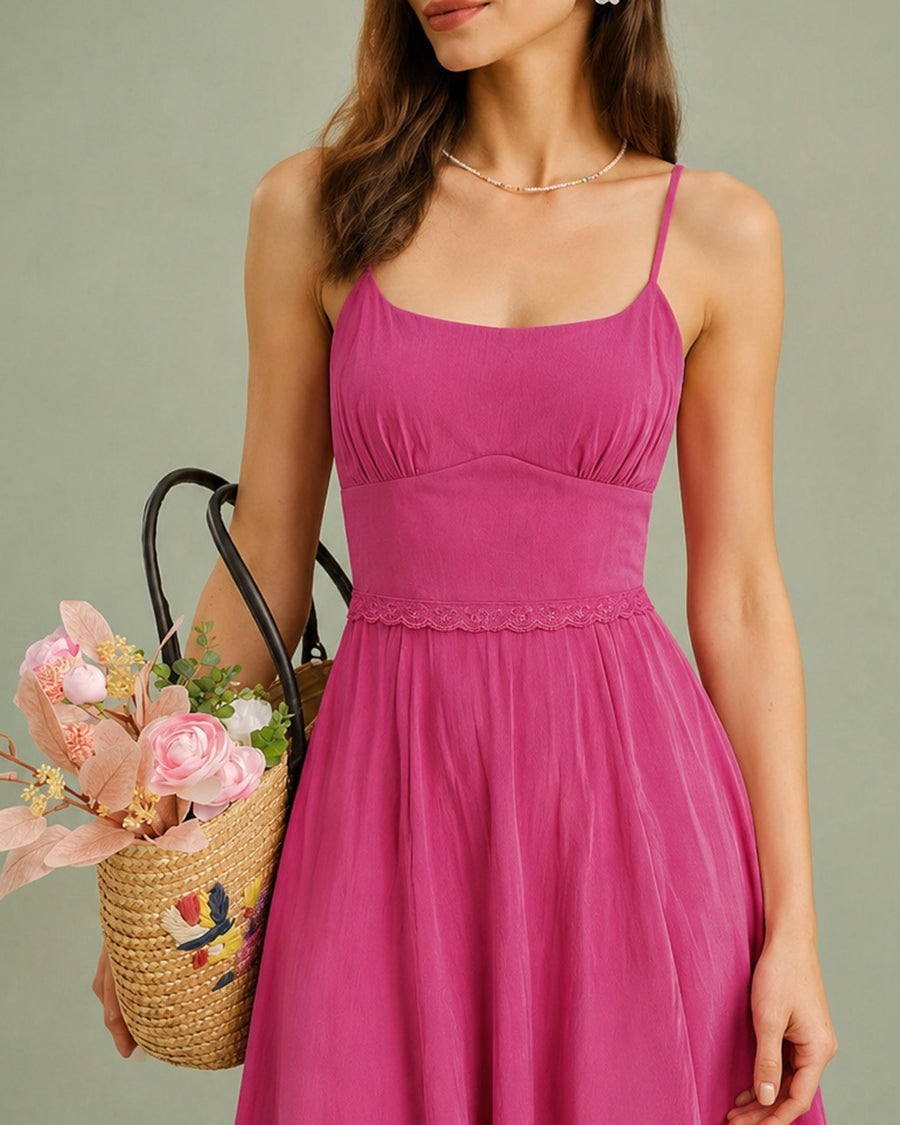 Pink Lace Pockets Slip Midi Dress