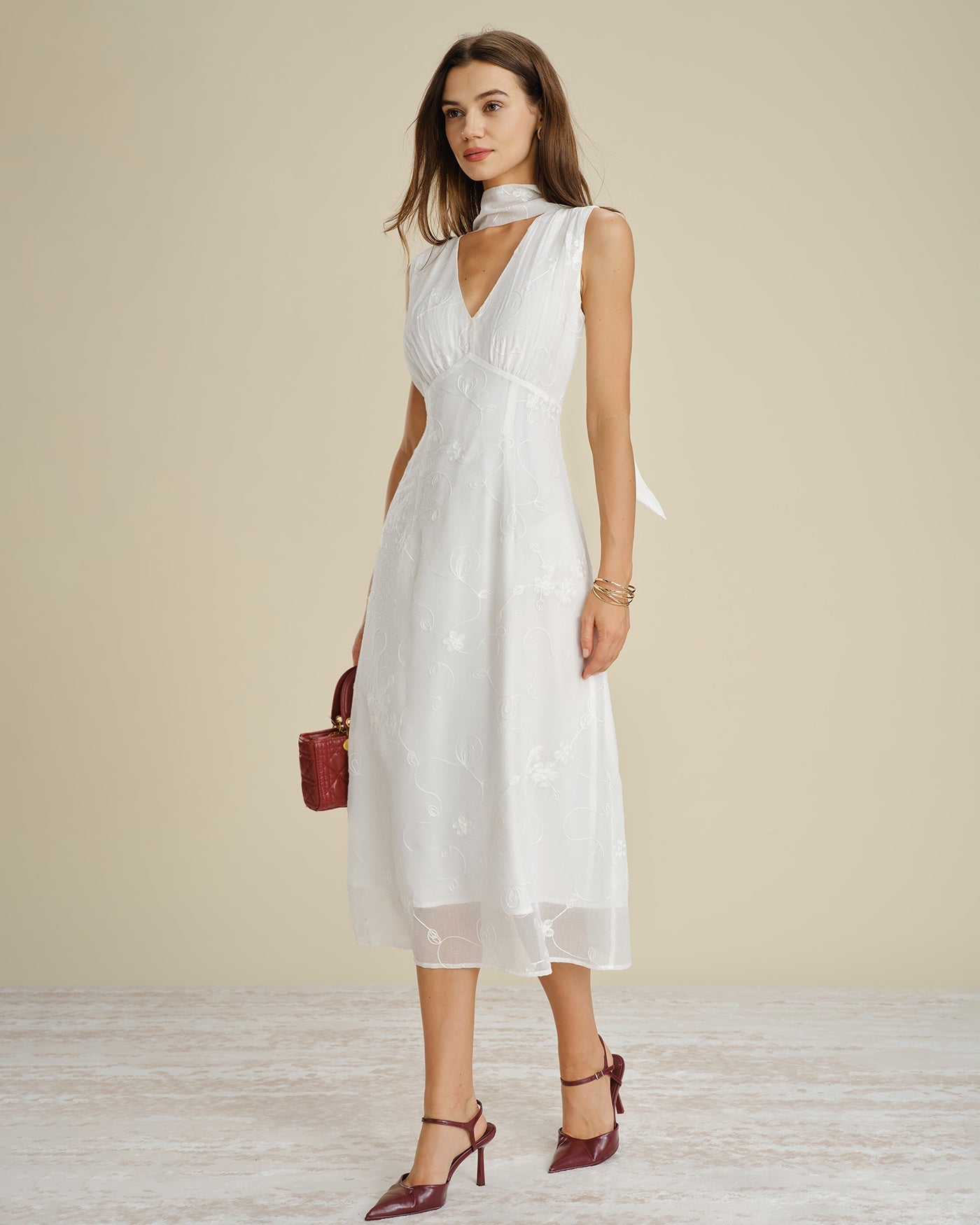 White V Neck Floral Embroidery Midi Dress