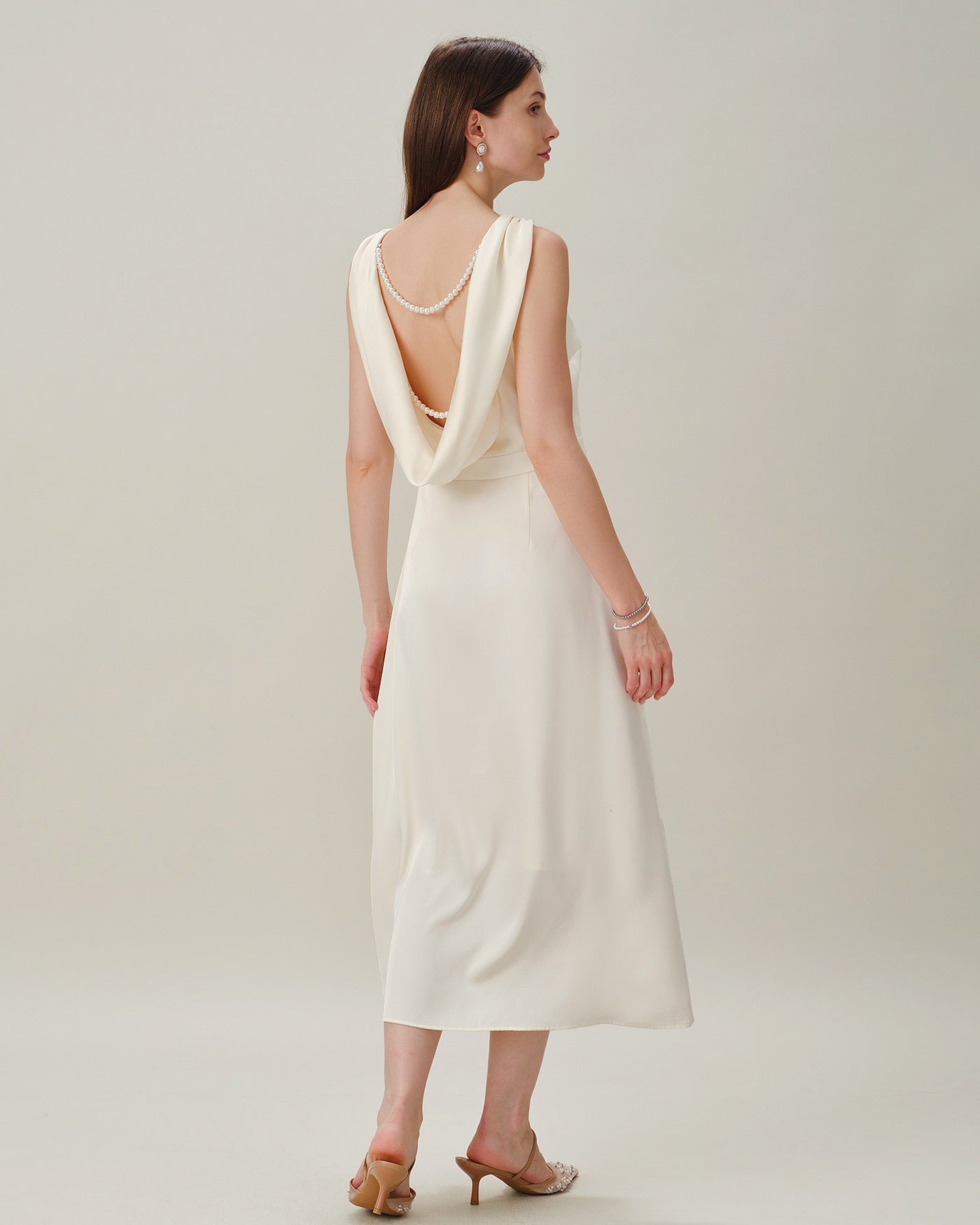 Apricot Boat Neck Pearl Satin Midi Dress