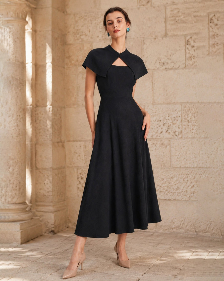 Black Square Neck Sleeveless Button Midi Dress