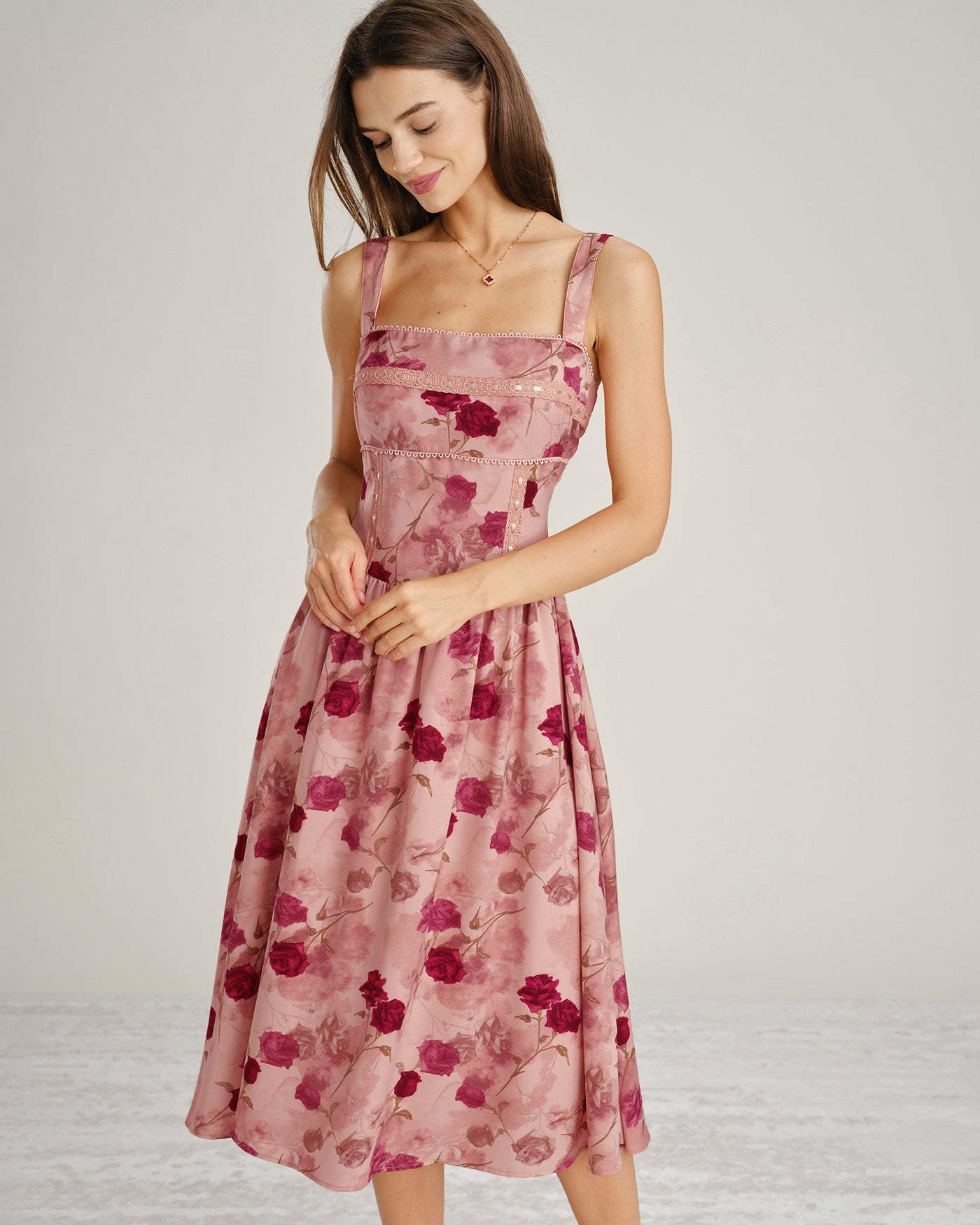 Pink Square Neck Lace Floral Midi Dress