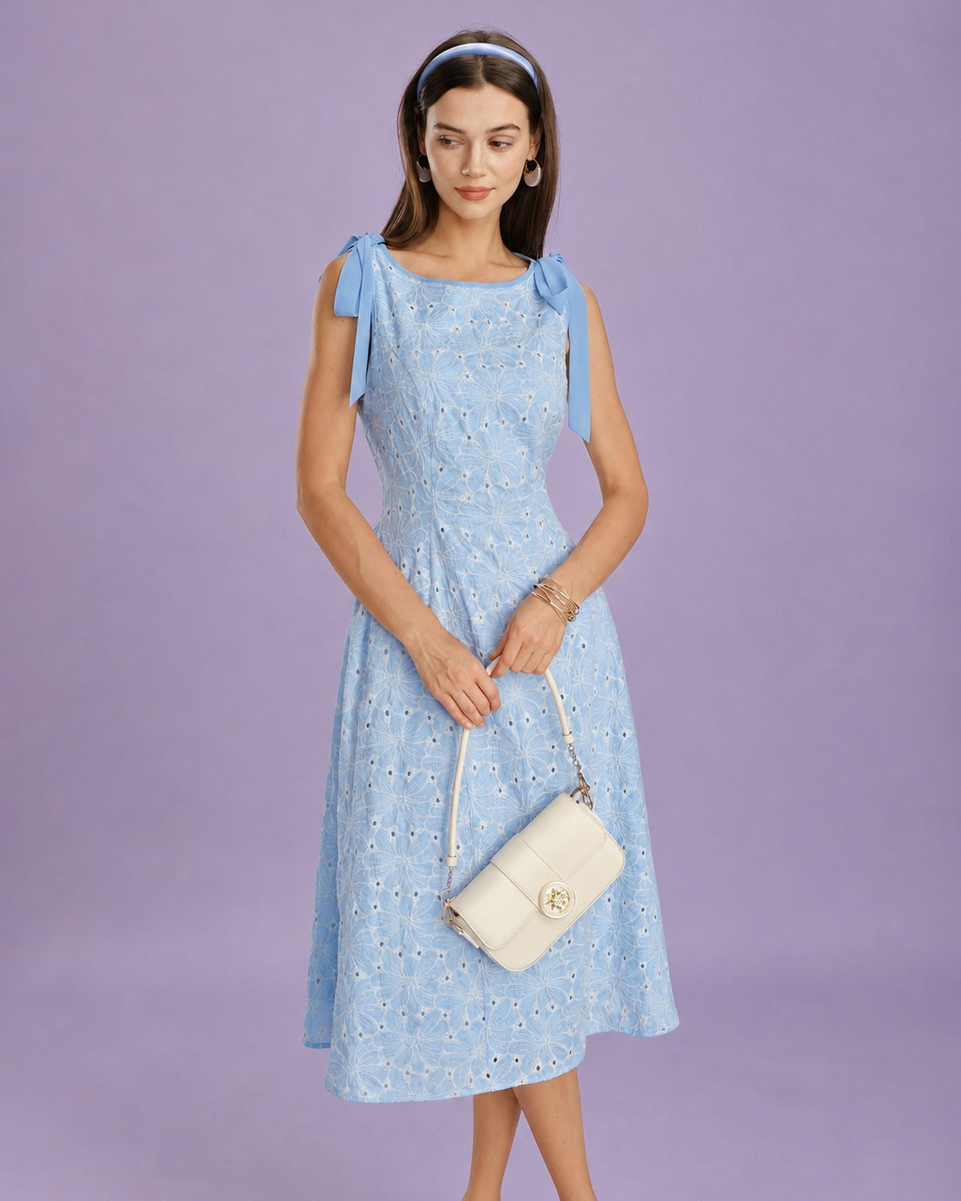 Blue Boat Neck Embroidery Midi Dress