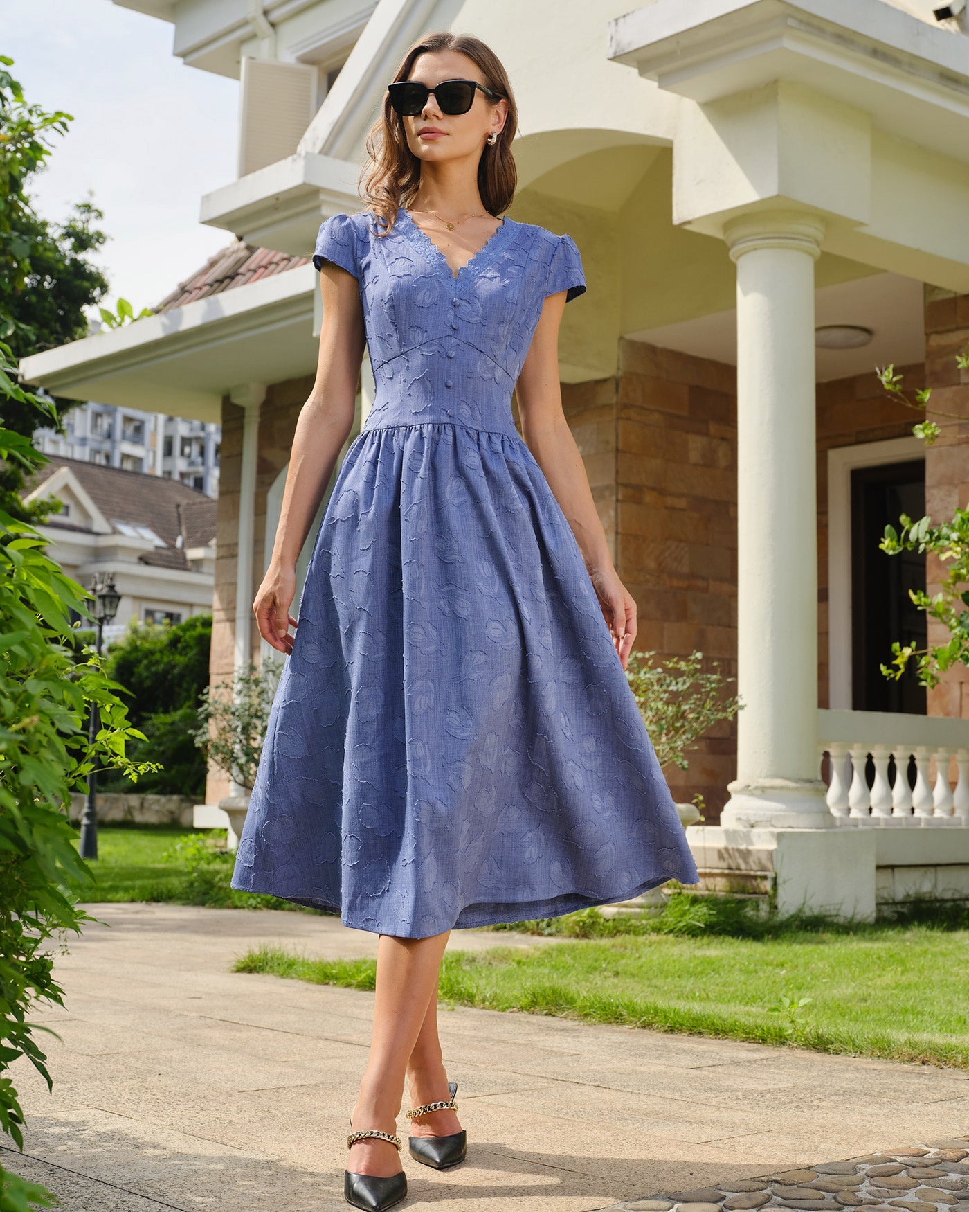 Blue V Neck Tie Jacquard Midi Dress