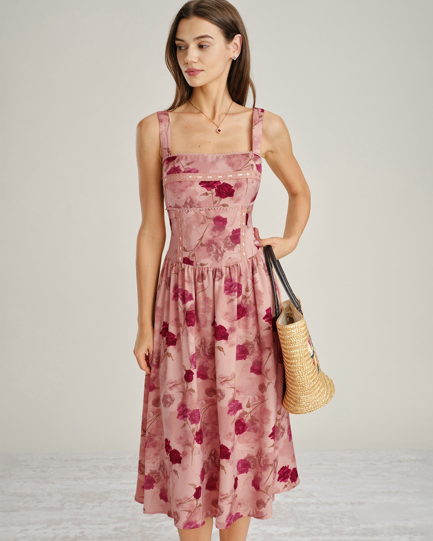 Pink Square Neck Lace Floral Midi Dress