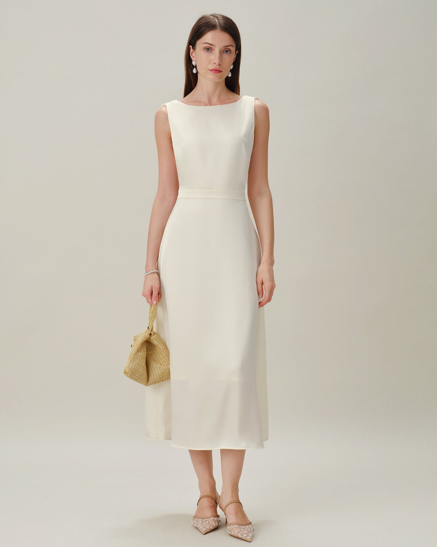 Apricot Boat Neck Pearl Satin Midi Dress