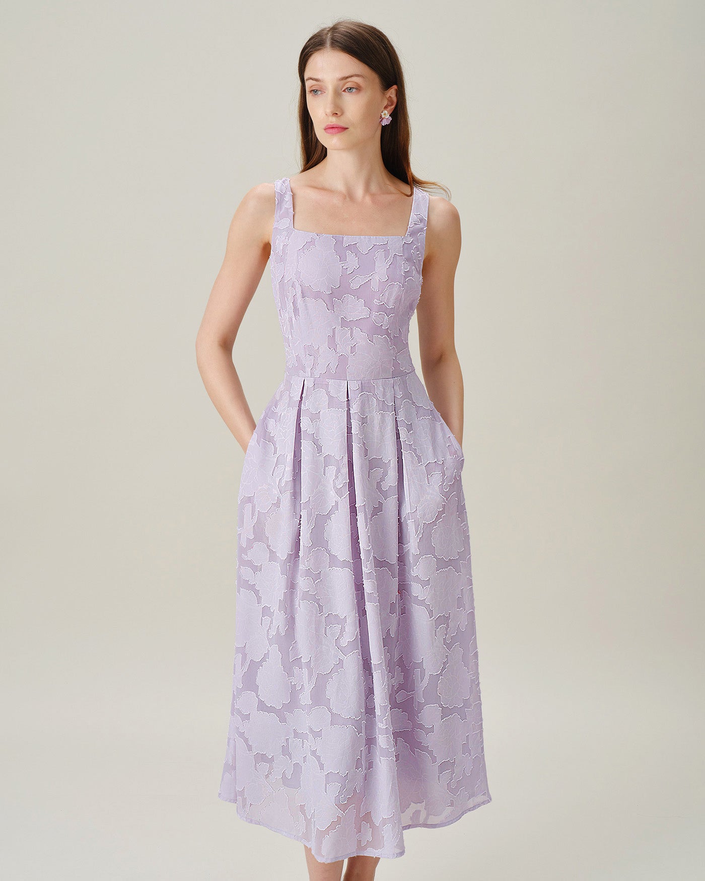 Purple Square Neck Tie Jacquard Midi Dress