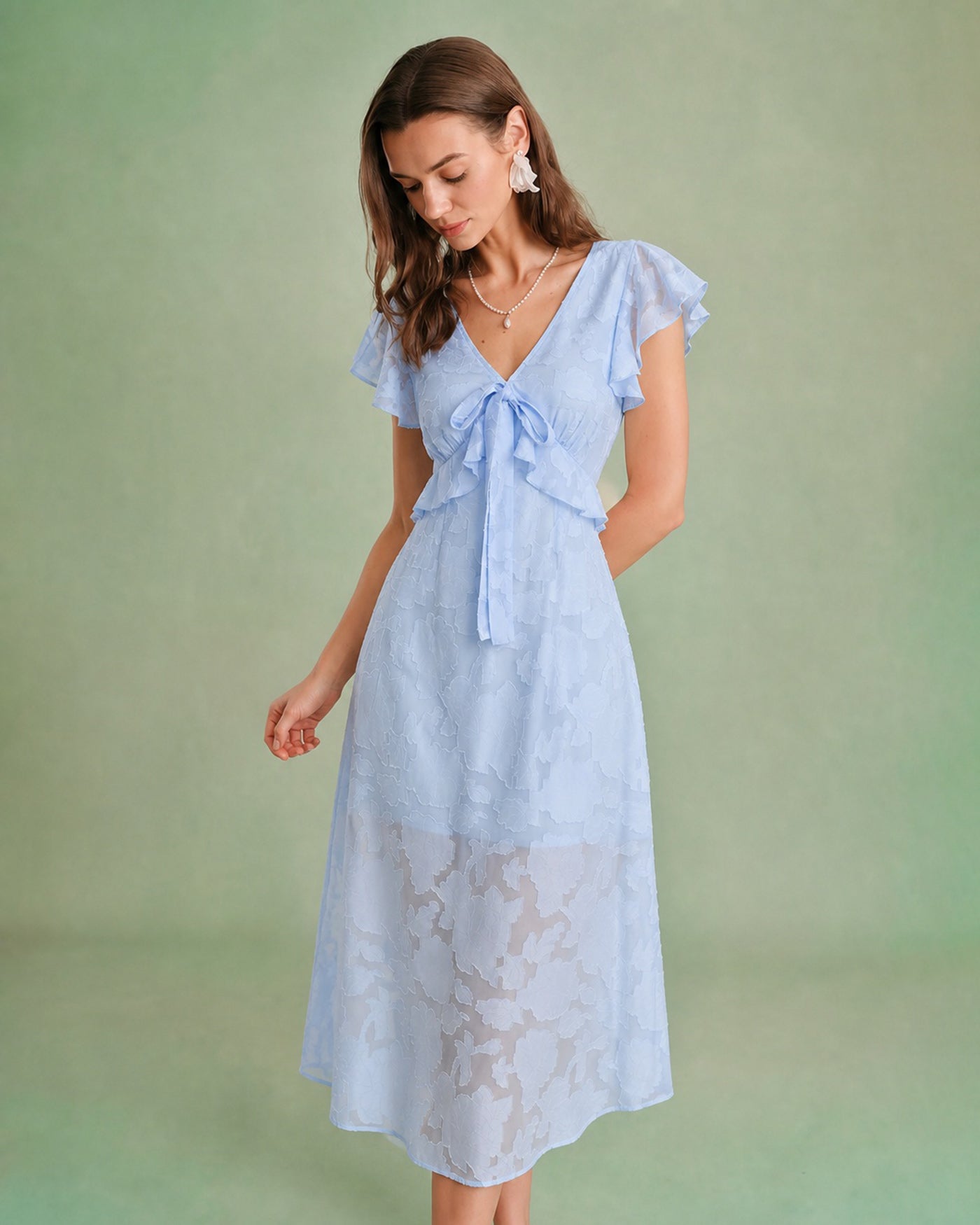 Blue V Neck Jacquard Ruffle Midi Dress