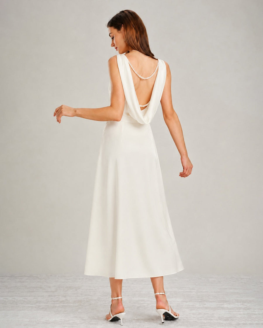 Apricot Boat Neck Pearl Satin Midi Dress